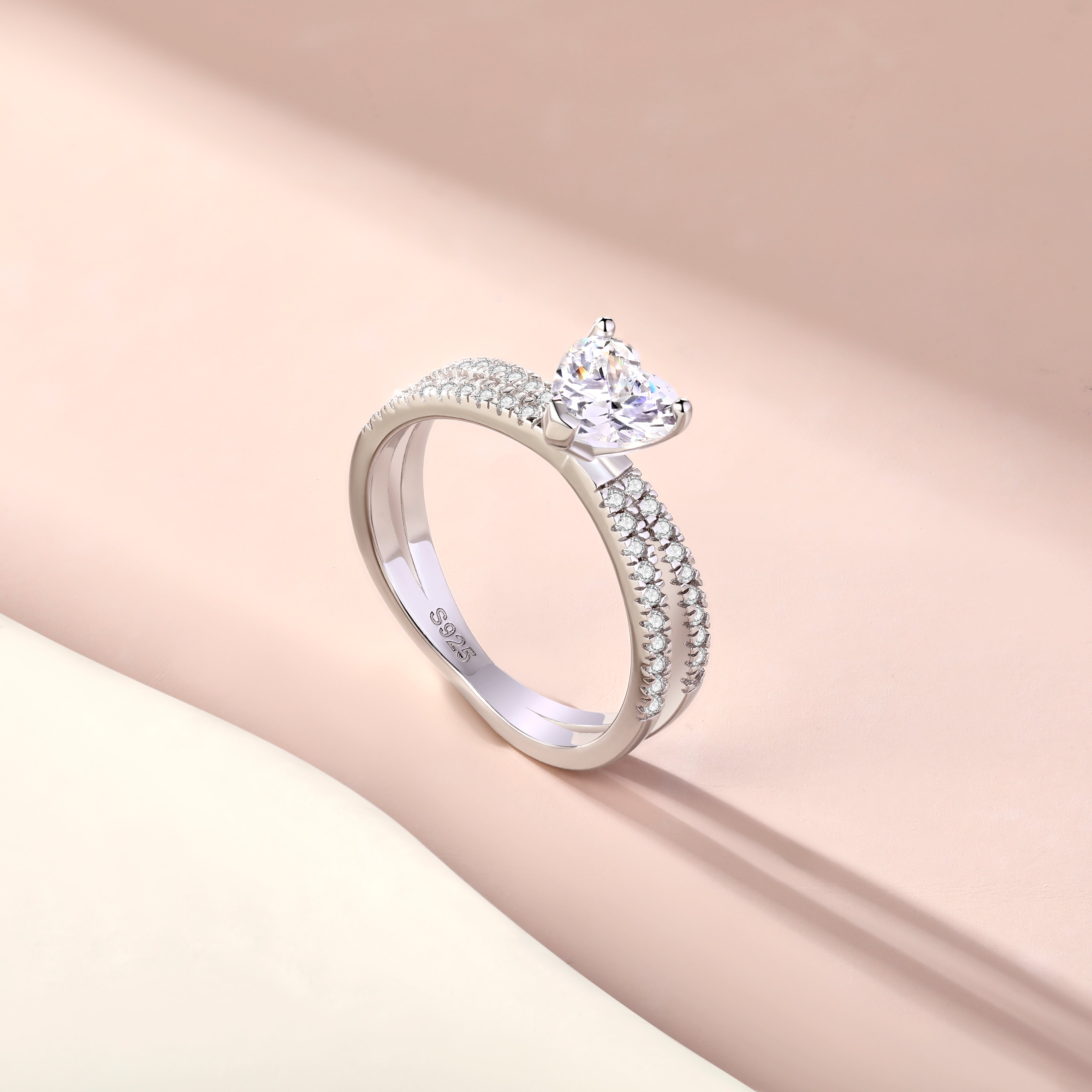 925 Sterling Silver 6mm Heart Cz Solitaire with Split Cz Band Ladies Ring