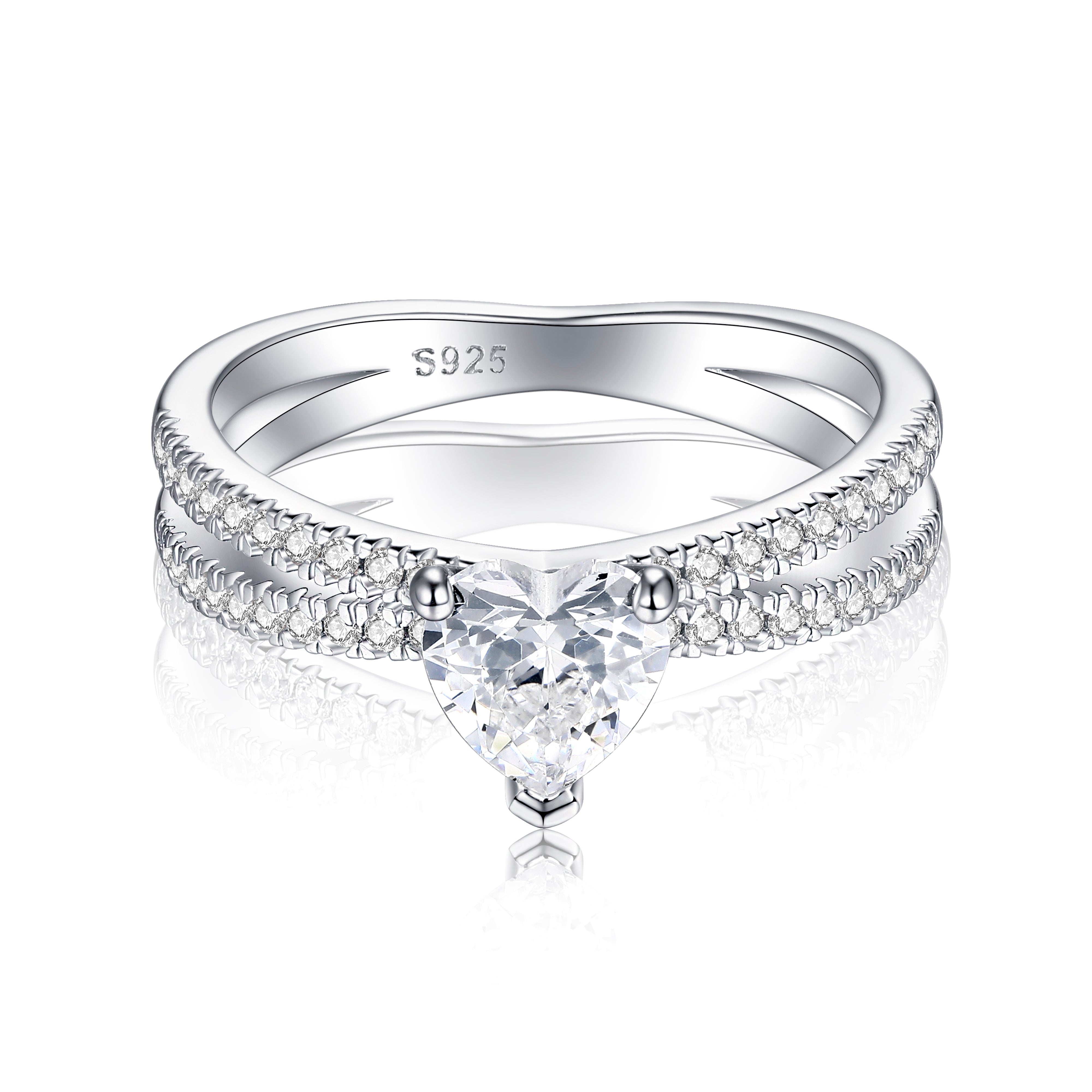 925 Sterling Silver 6mm Heart Cz Solitaire with Split Cz Band Ladies Ring