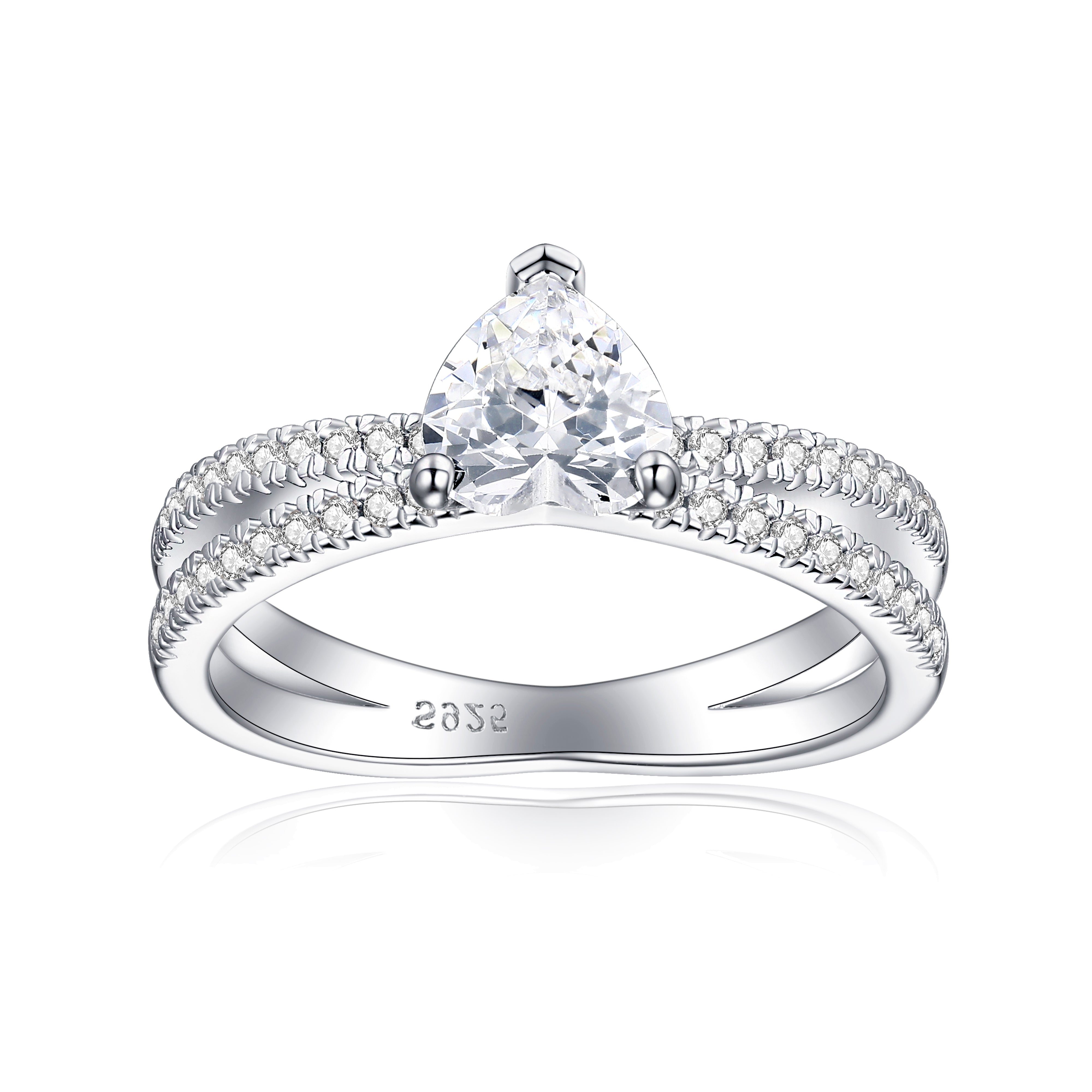 925 Sterling Silver 6mm Heart Cz Solitaire with Split Cz Band Ladies Ring