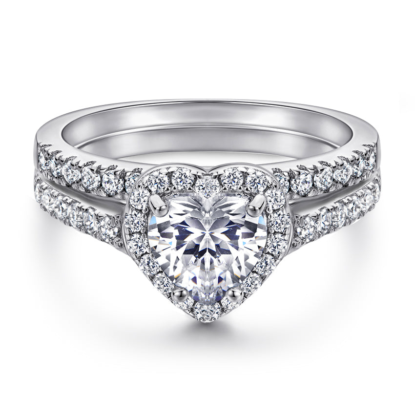 925 Sterling Silver Cz Heart Centre Ladies Ring Set