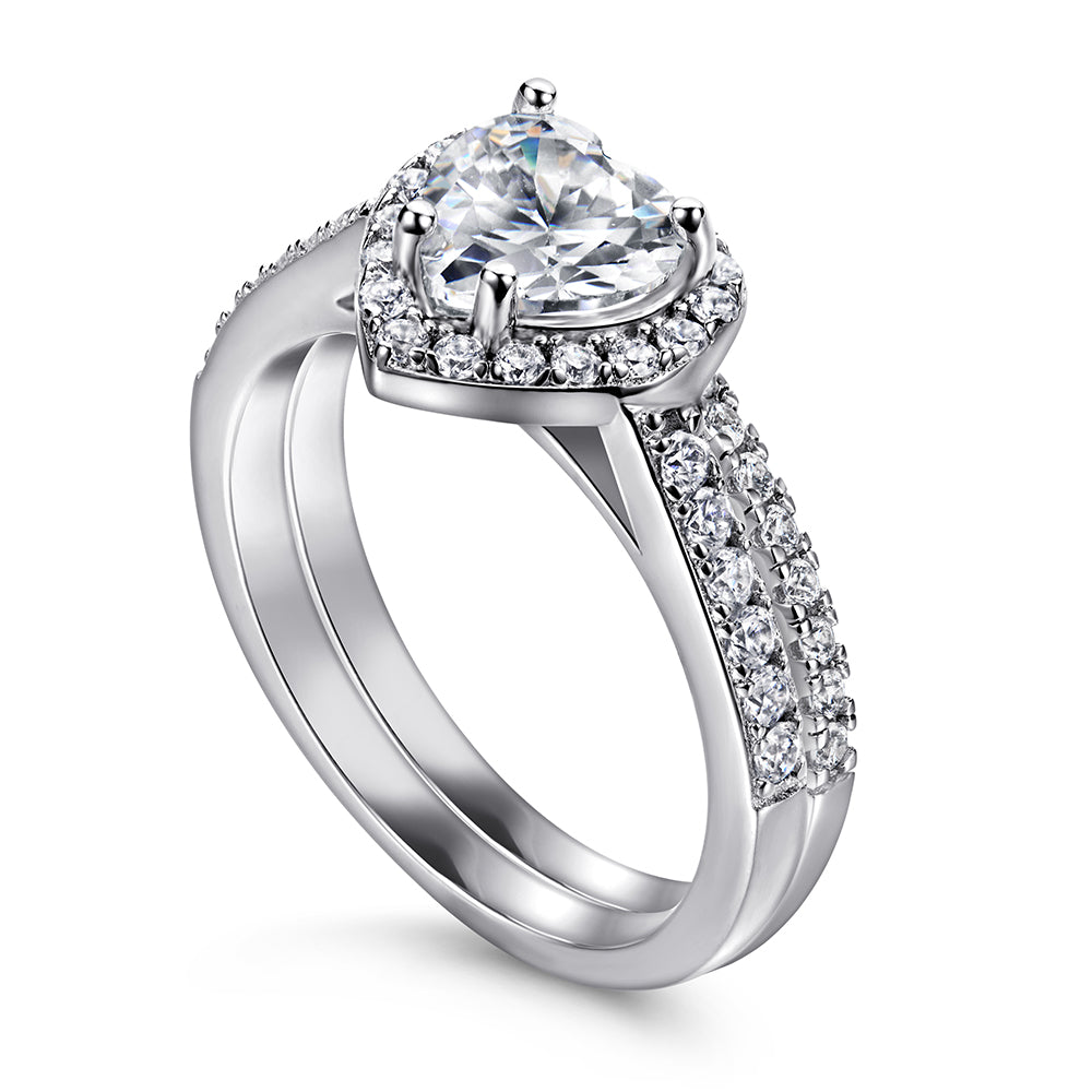 925 Sterling Silver Cz Heart Centre Ladies Ring Set