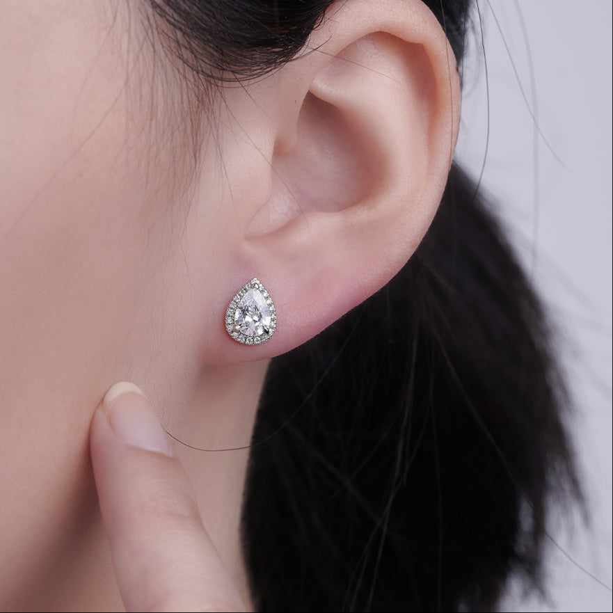 925 Sterling Silver 1ct Pear Cut Halo Cz Ladies Stud Earrings