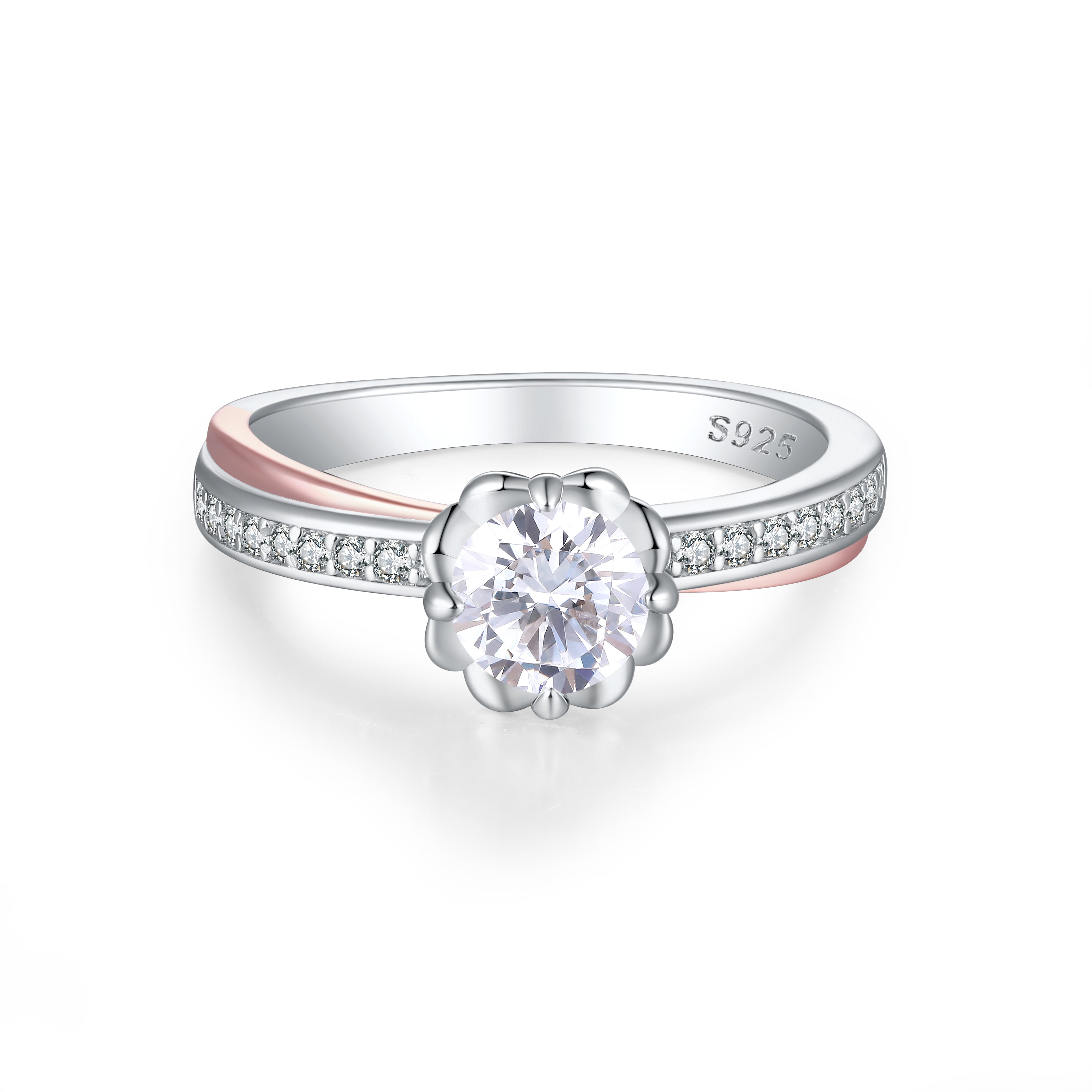 925 Sterling Silver 6mm Round Cz Fancy Set Two Tone Ladies Solitaire Ring