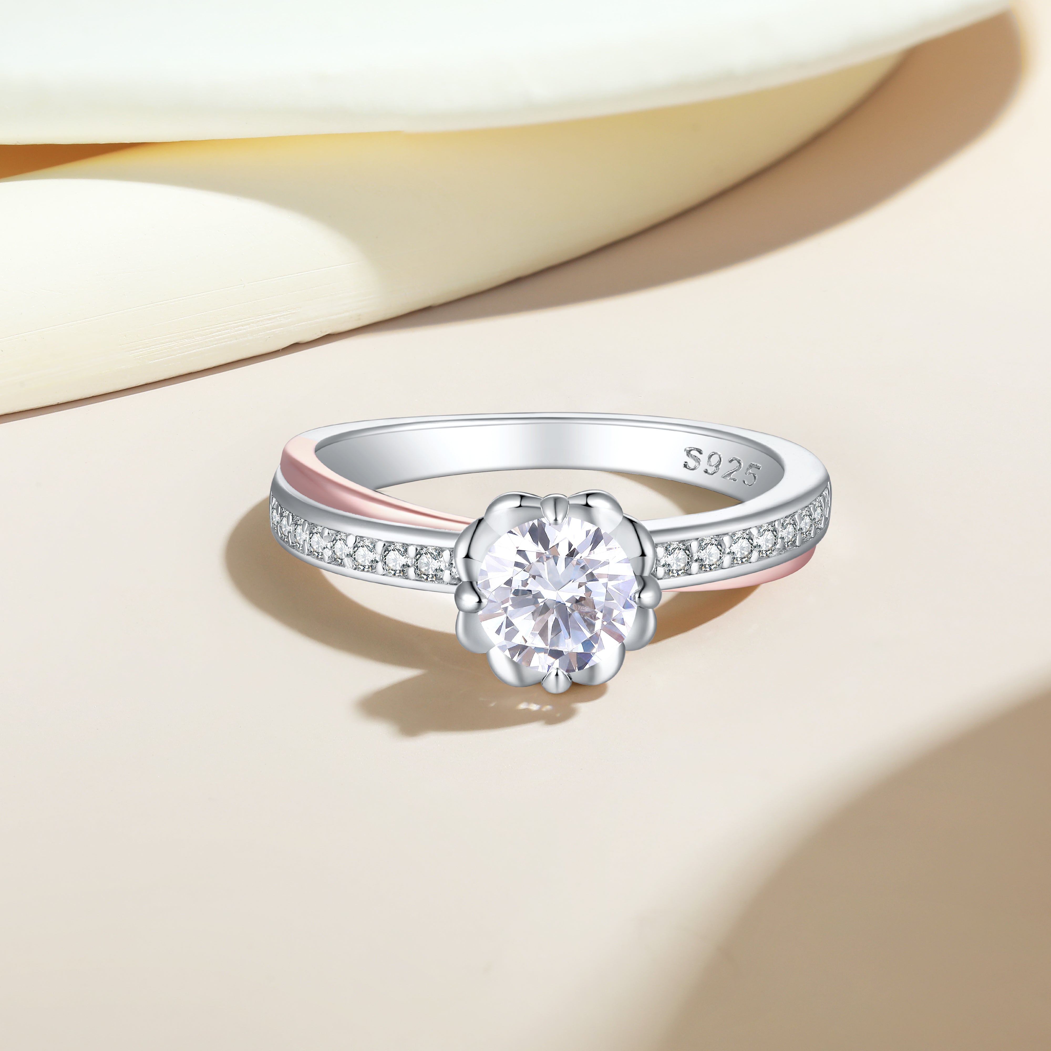 925 Sterling Silver 6mm Round Cz Fancy Set Two Tone Ladies Solitaire Ring
