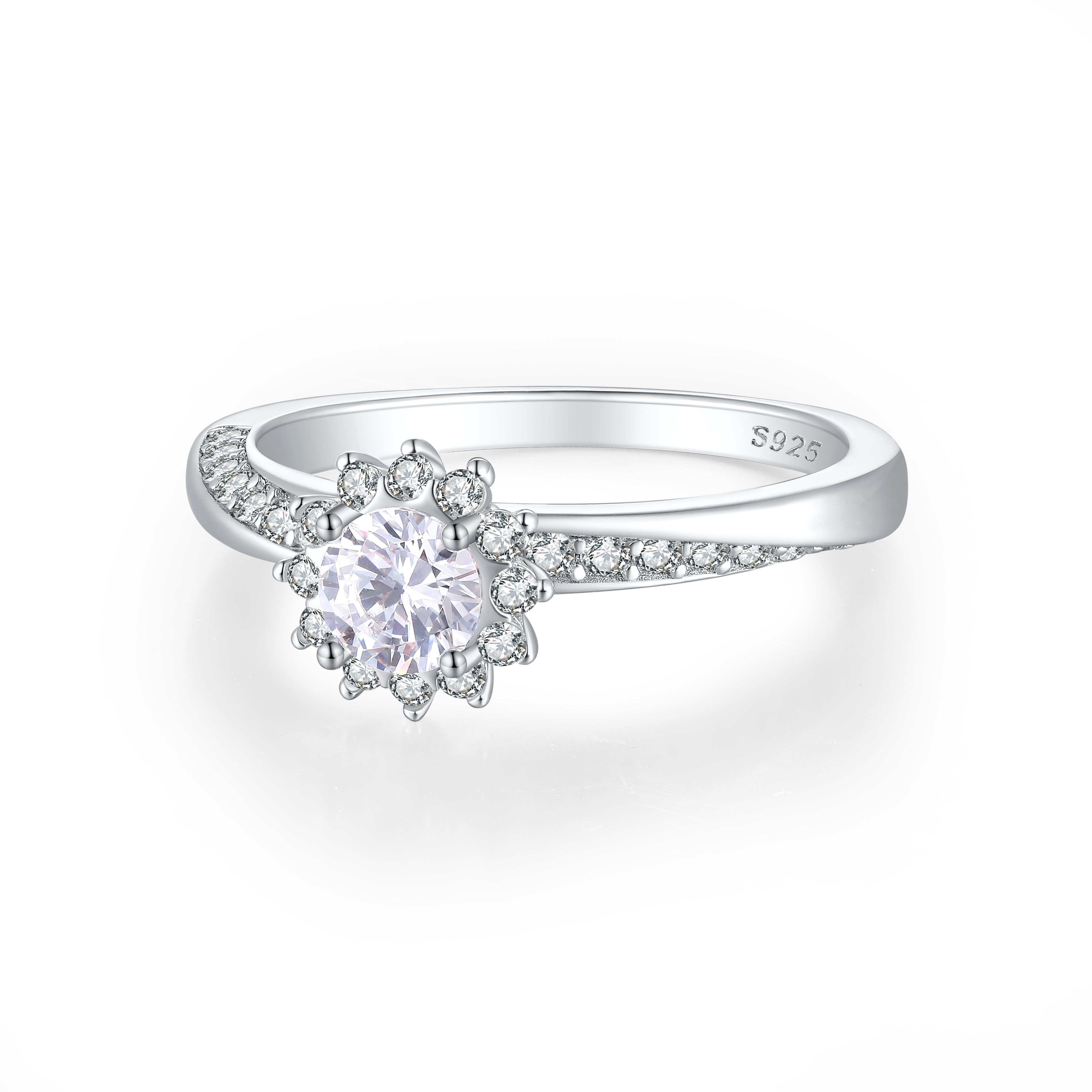 925 Sterling Silver Flower Cluster Cz Ladies Ring with Fancy Band