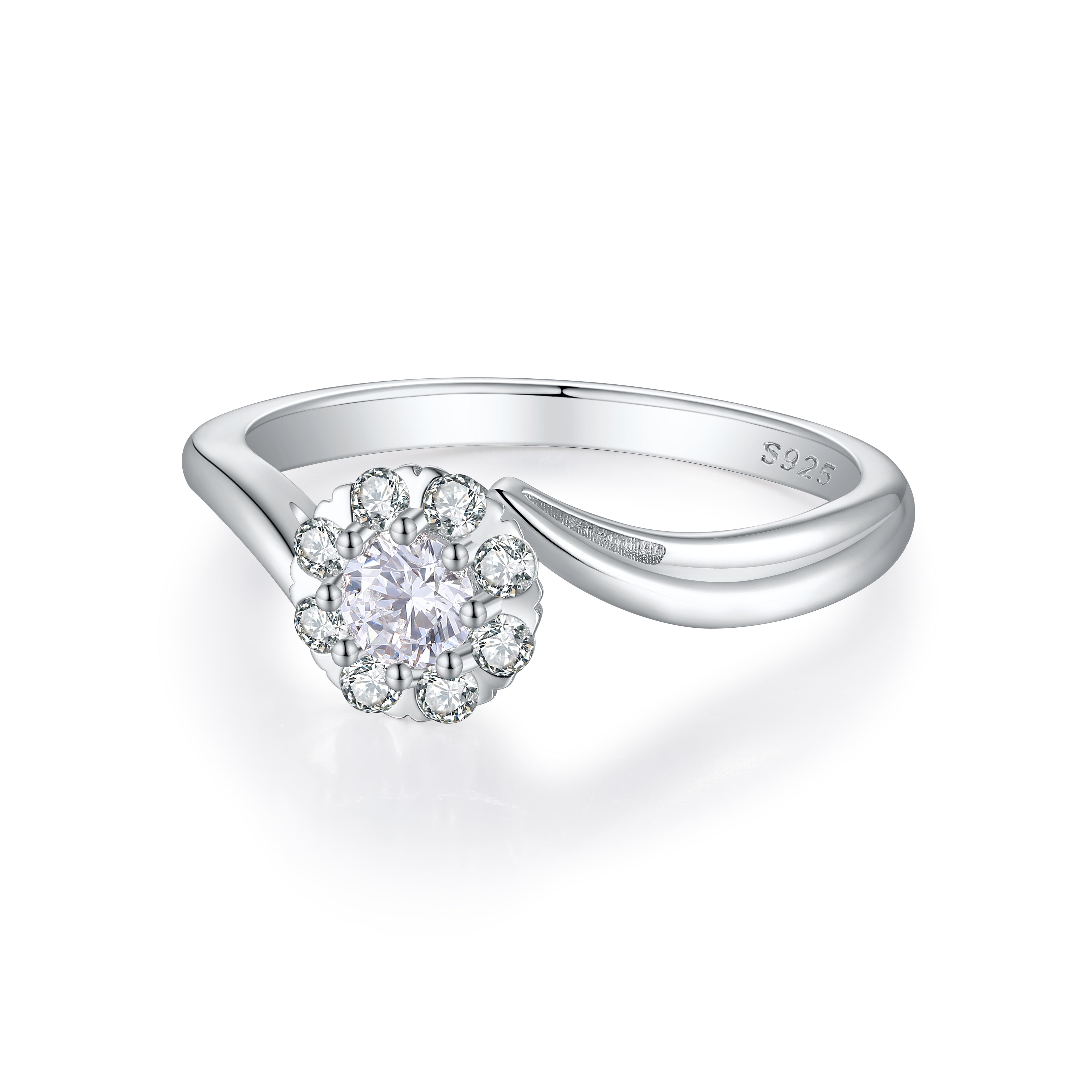 925 Sterling Silver Cz Cluster Ladies Ring with Twisted Band