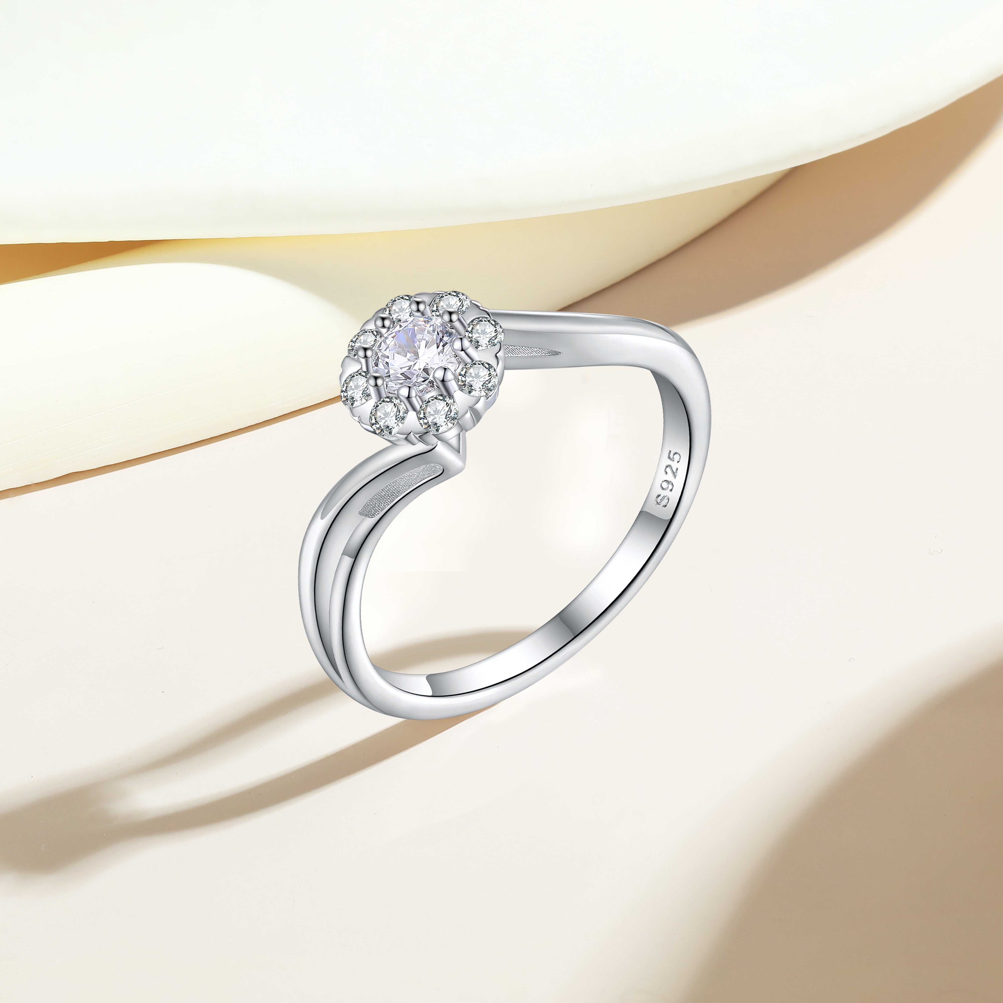 925 Sterling Silver Cz Cluster Ladies Ring with Twisted Band