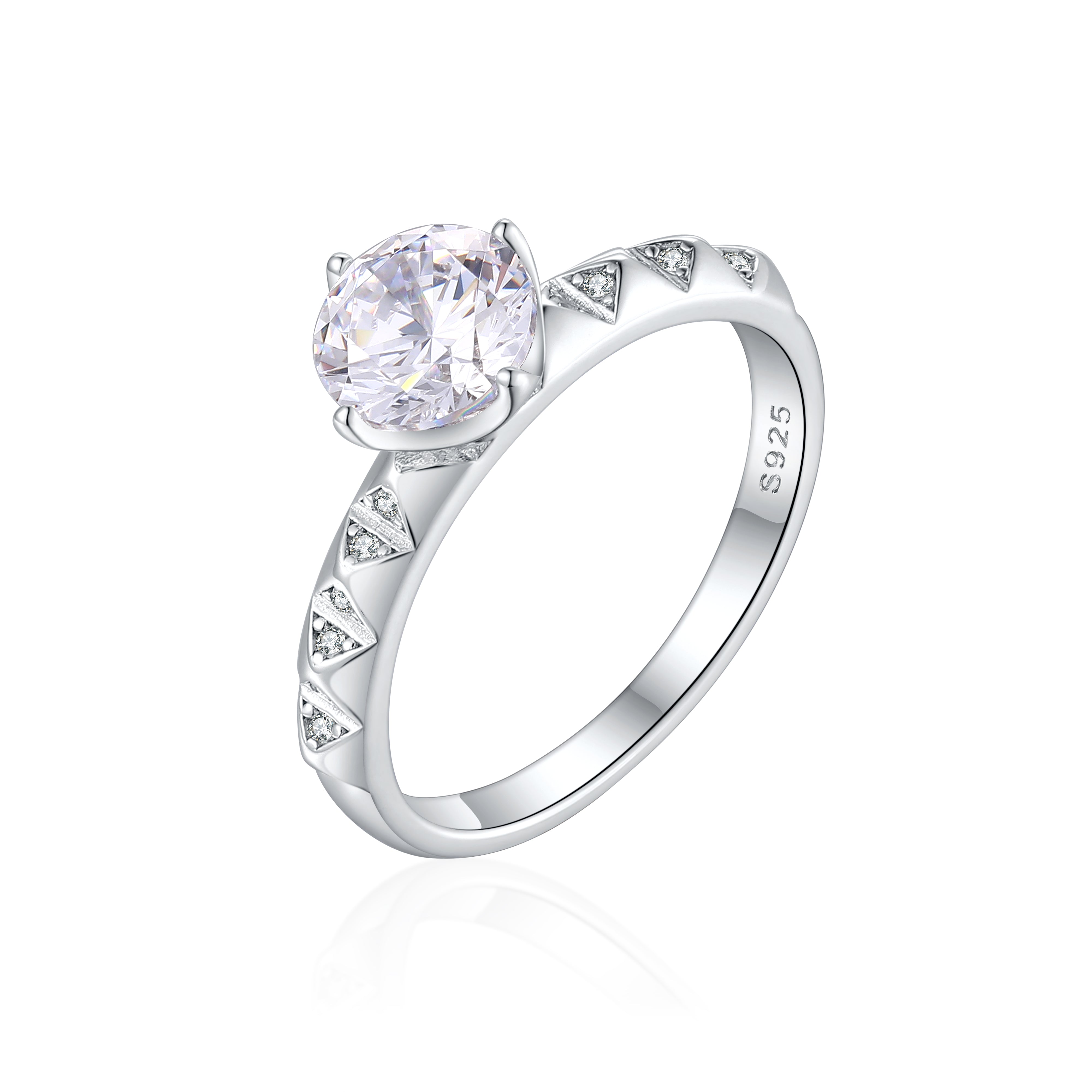 925 Sterling Silver Cz Solitaire with Fancy Cz Band Ladies Ring