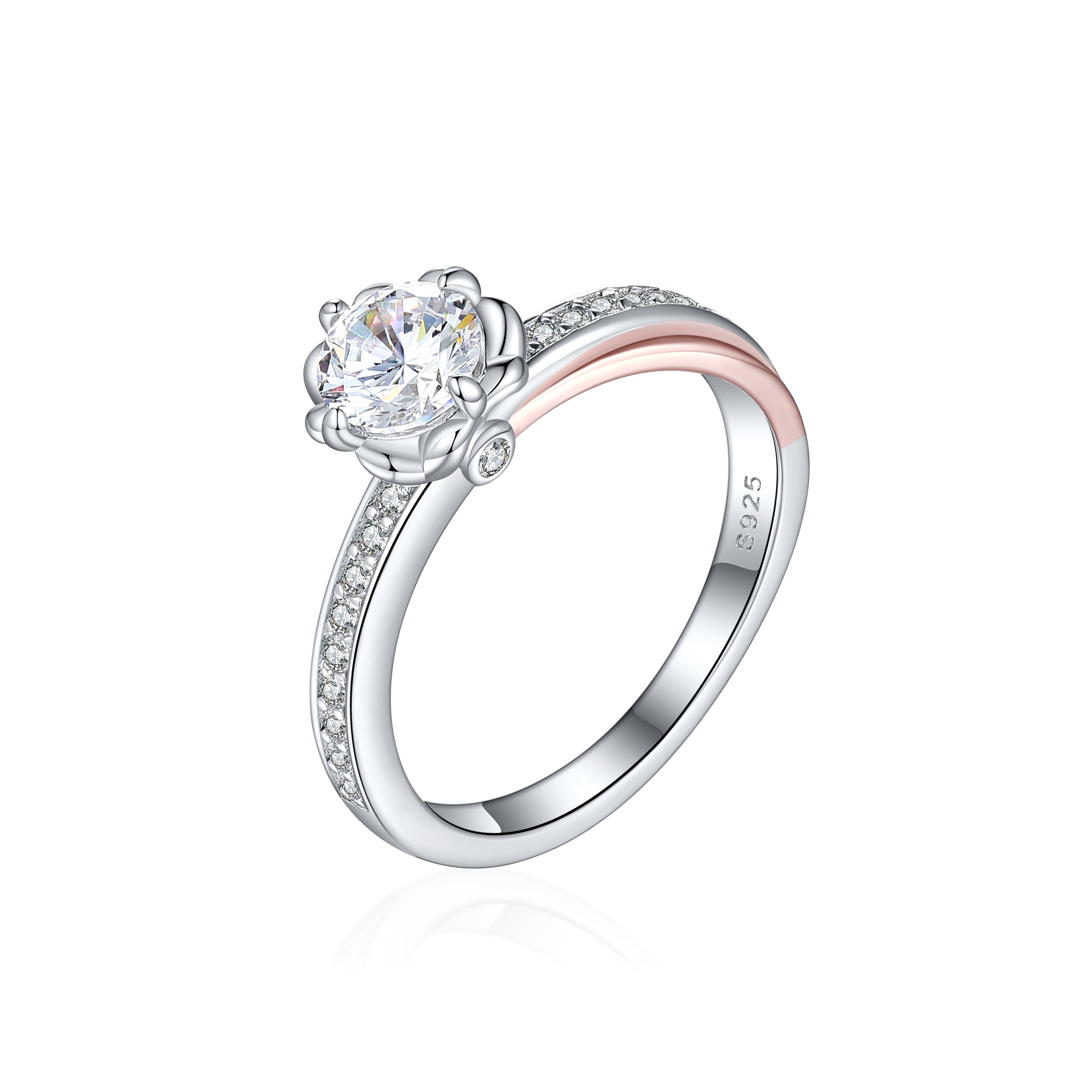 925 Sterling Silver 6mm Round Cz Fancy Set Two Tone Ladies Solitaire Ring