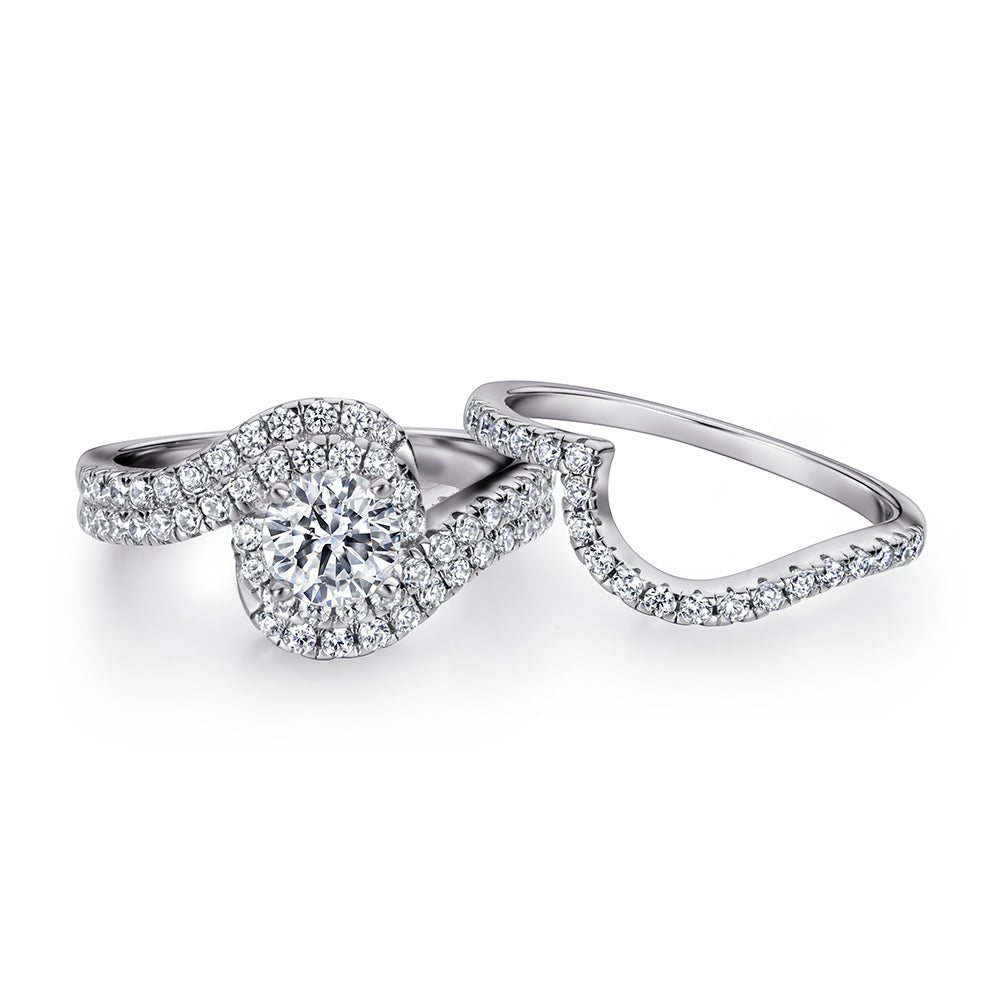 925 Sterling Silver Swirl Halo Design Cz Ladies Ring Set
