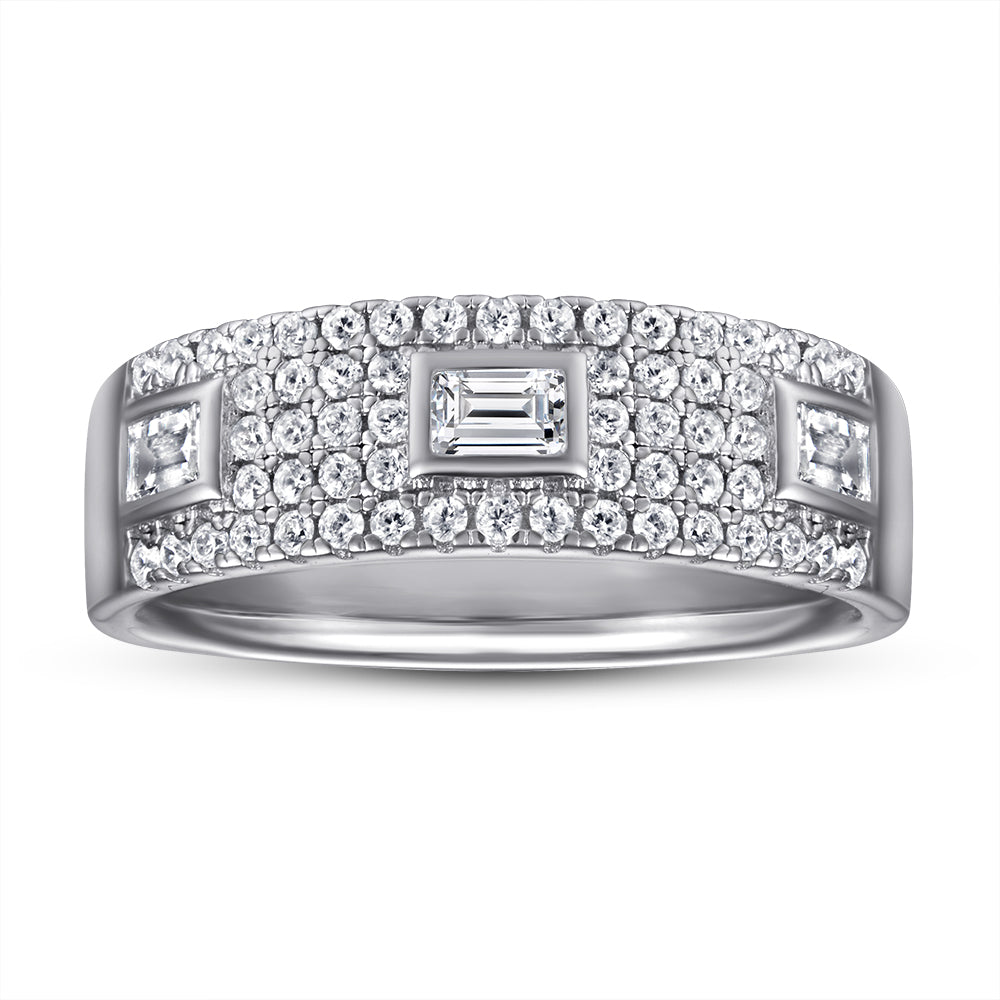 925 Sterling Silver Round & Emerald Cut Cz Ladies Half Eternity Ring