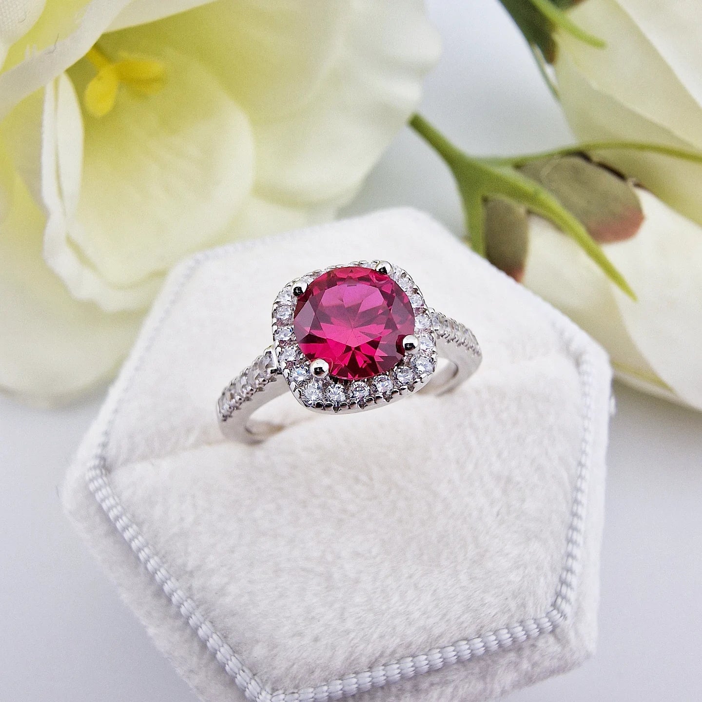 925 Sterling Silver Ruby Cz Round Centre with Square Halo Ladies Ring