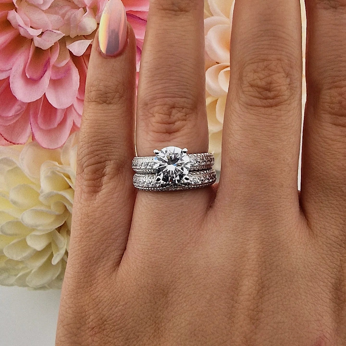925 Sterling Silver Round Cz Centre with Pave Set Ladies Bridal Ring Set