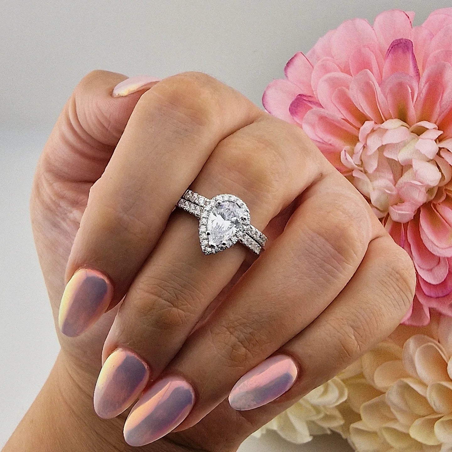 925 Sterling Silver Pear Cut Cz Halo Ladies Bridal Ring Set