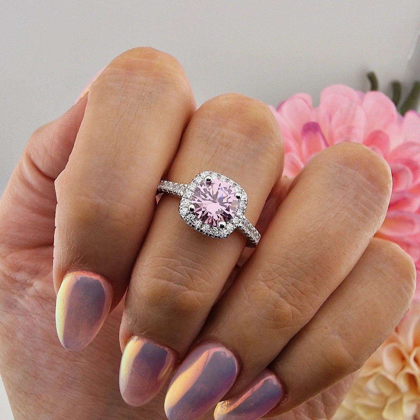 925 Sterling Silver Pink Cz Round Centre with Square Halo Ladies Ring