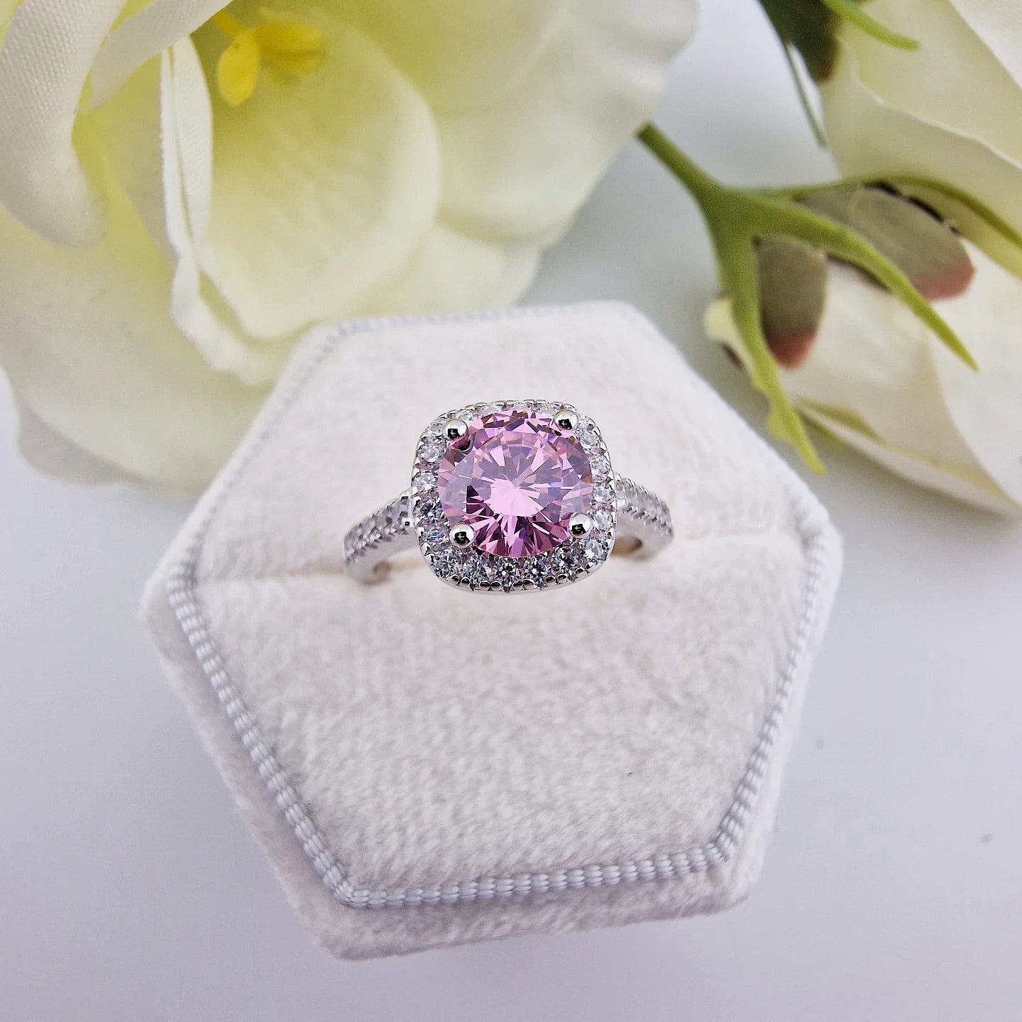 925 Sterling Silver Pink Cz Round Centre with Square Halo Ladies Ring