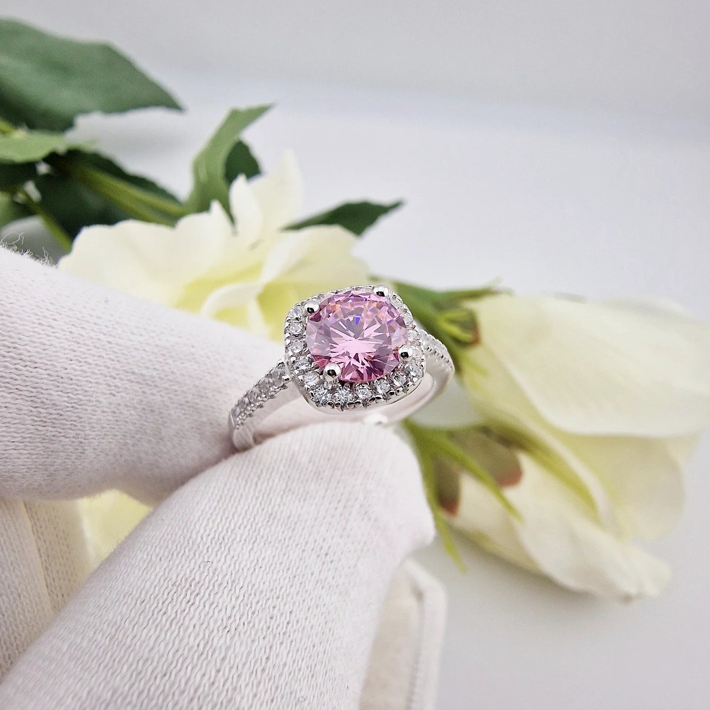 925 Sterling Silver Pink Cz Round Centre with Square Halo Ladies Ring