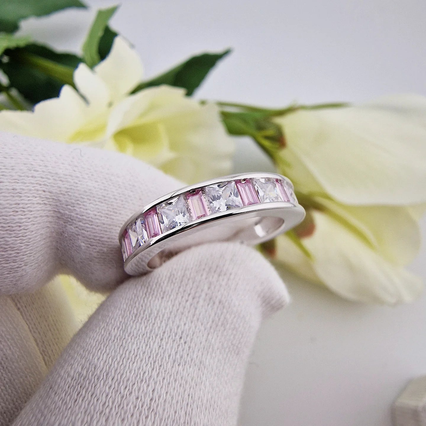 925 Sterling Silver Cz Heart with Pink & White Princess Cut Band Ladies Bridal Set