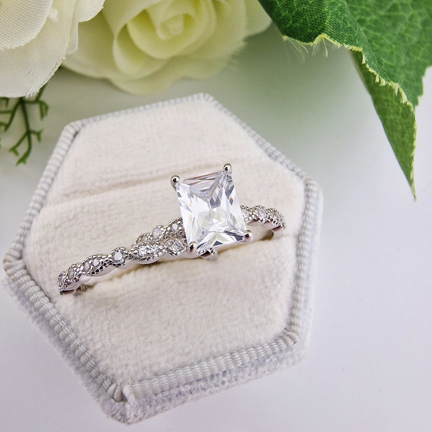 925 Sterling Silver Emerald Cut Cz Centre with Fancy Cz Band Ladies Bridal Ring Set