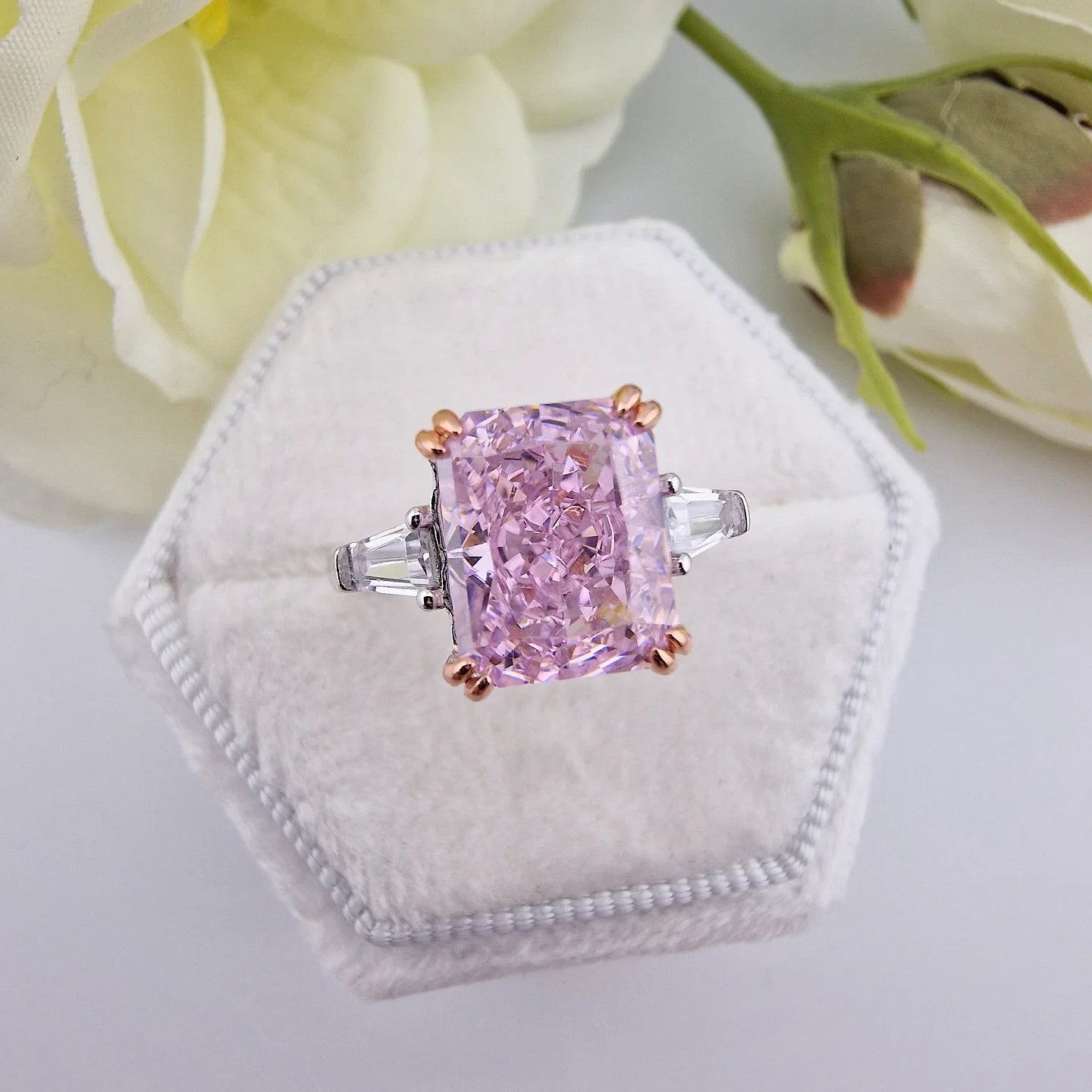 925 Sterling Silver Large Emerald Cut Pink Cz Centre with Baguette Sides Ladies Ring