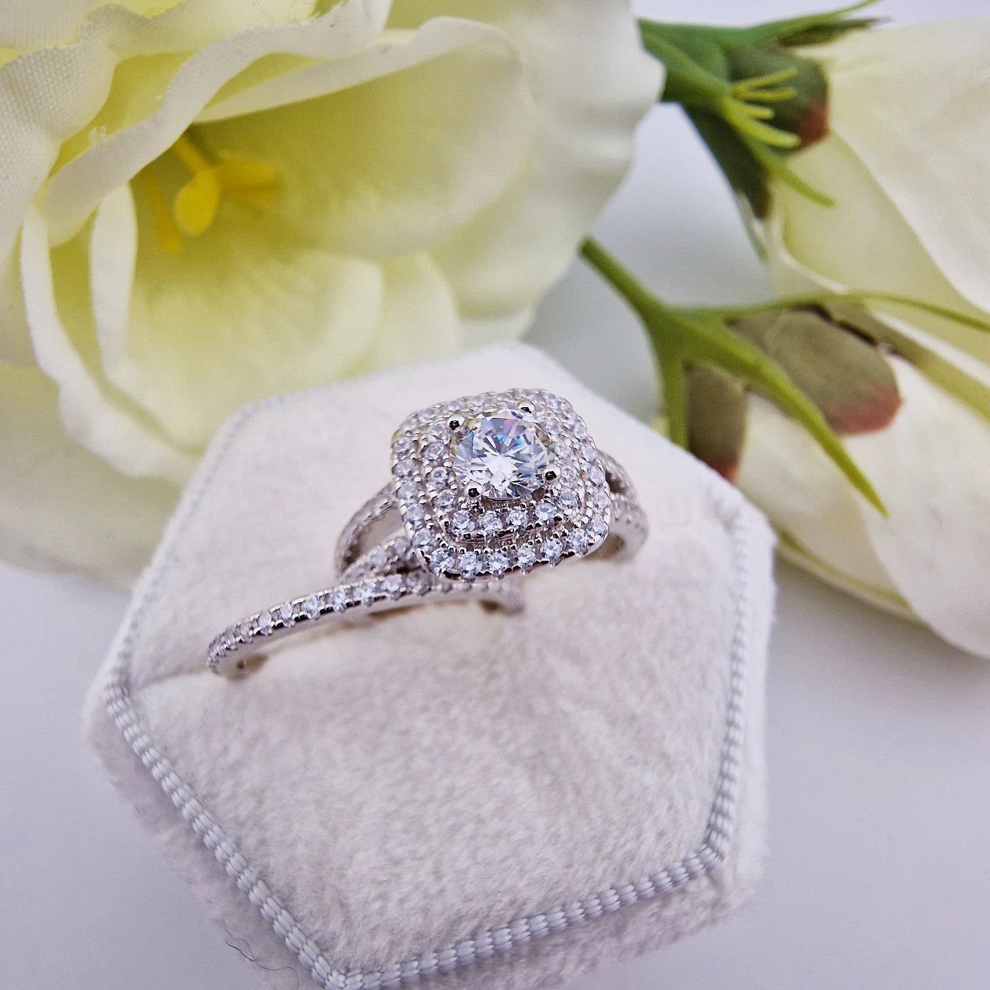 925 Sterling Silver Cz Round Centre Double Halo with Triple Band Ladies Bridal Ring Set