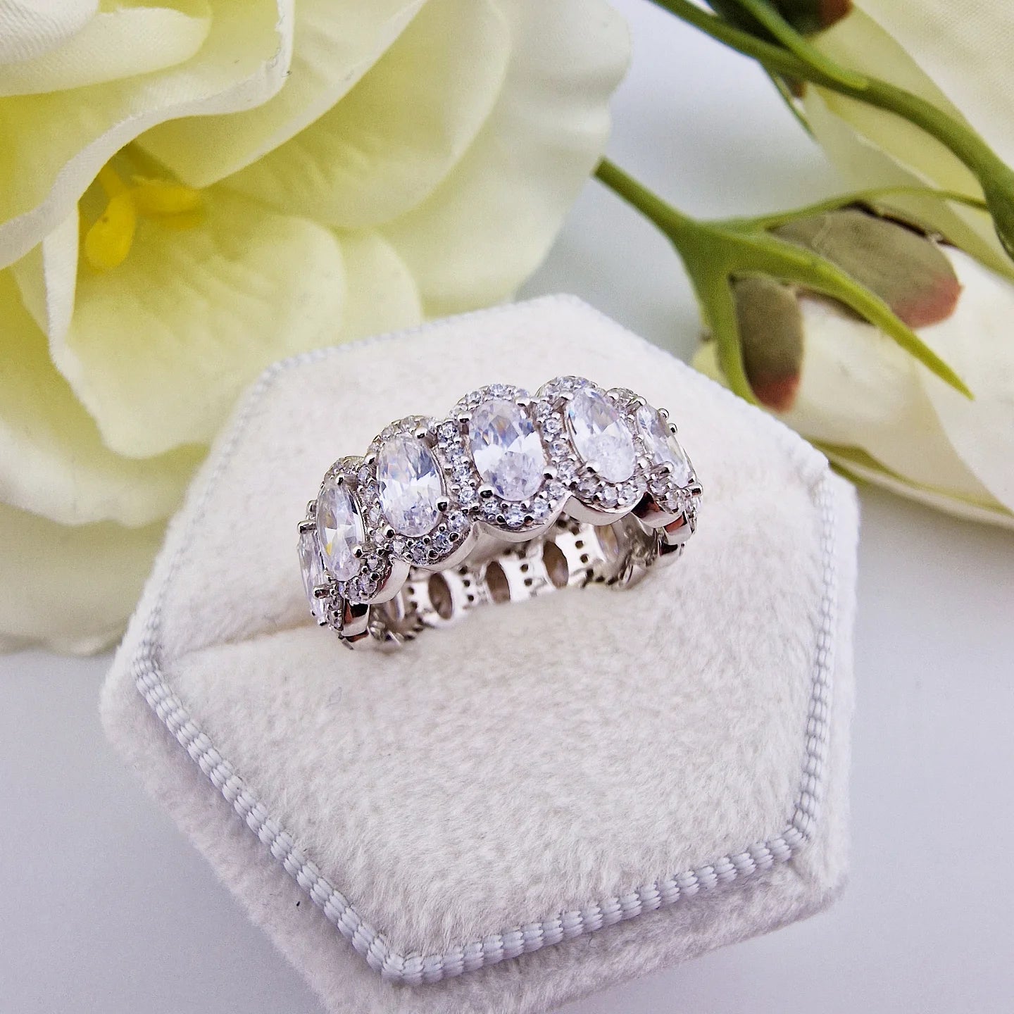 925 Sterling Silver Oval Halo Cz Ladies Full Eternity Ring
