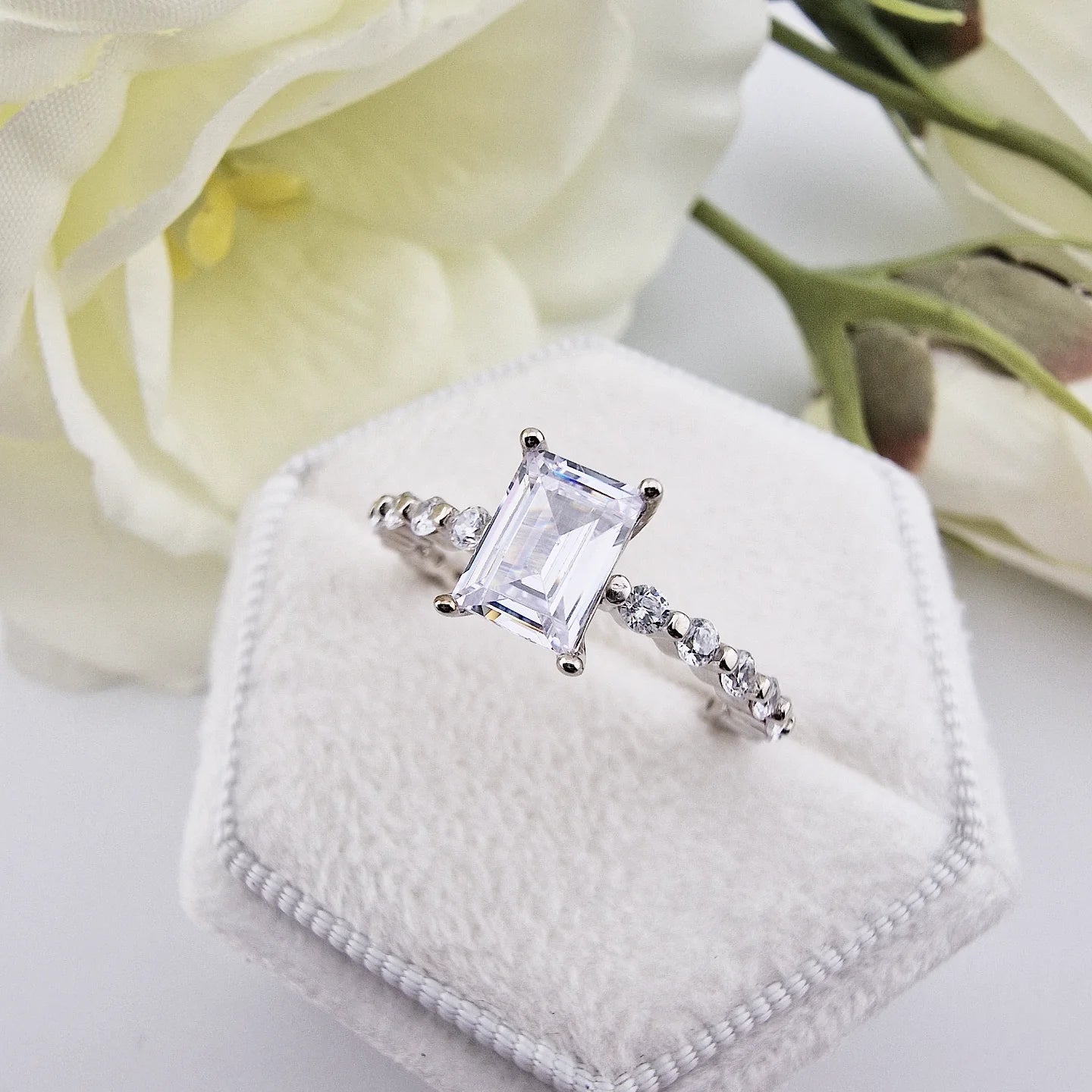 925 Sterling Silver Emerald Cut Cz Centre with Fancy Cz Band Ladies Ring