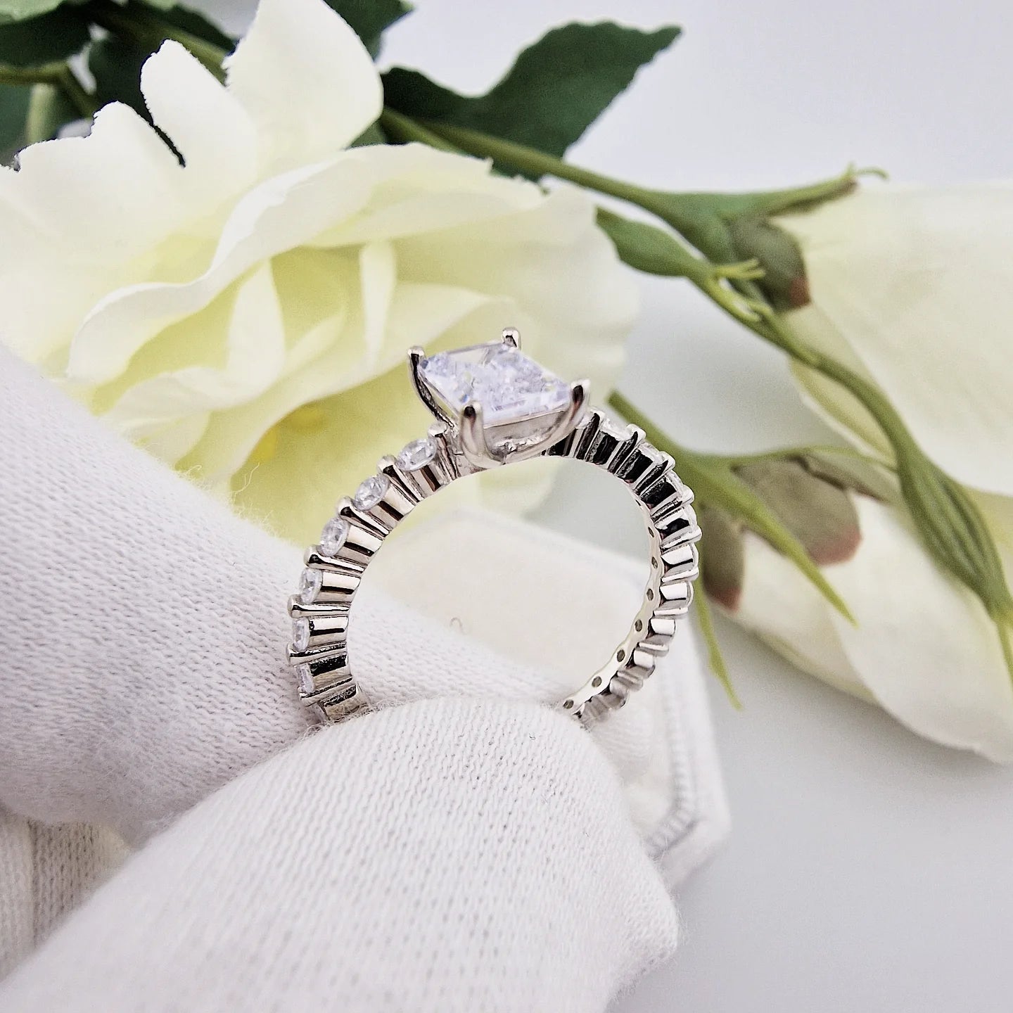 925 Sterling Silver Emerald Cut Cz Centre with Fancy Cz Band Ladies Ring