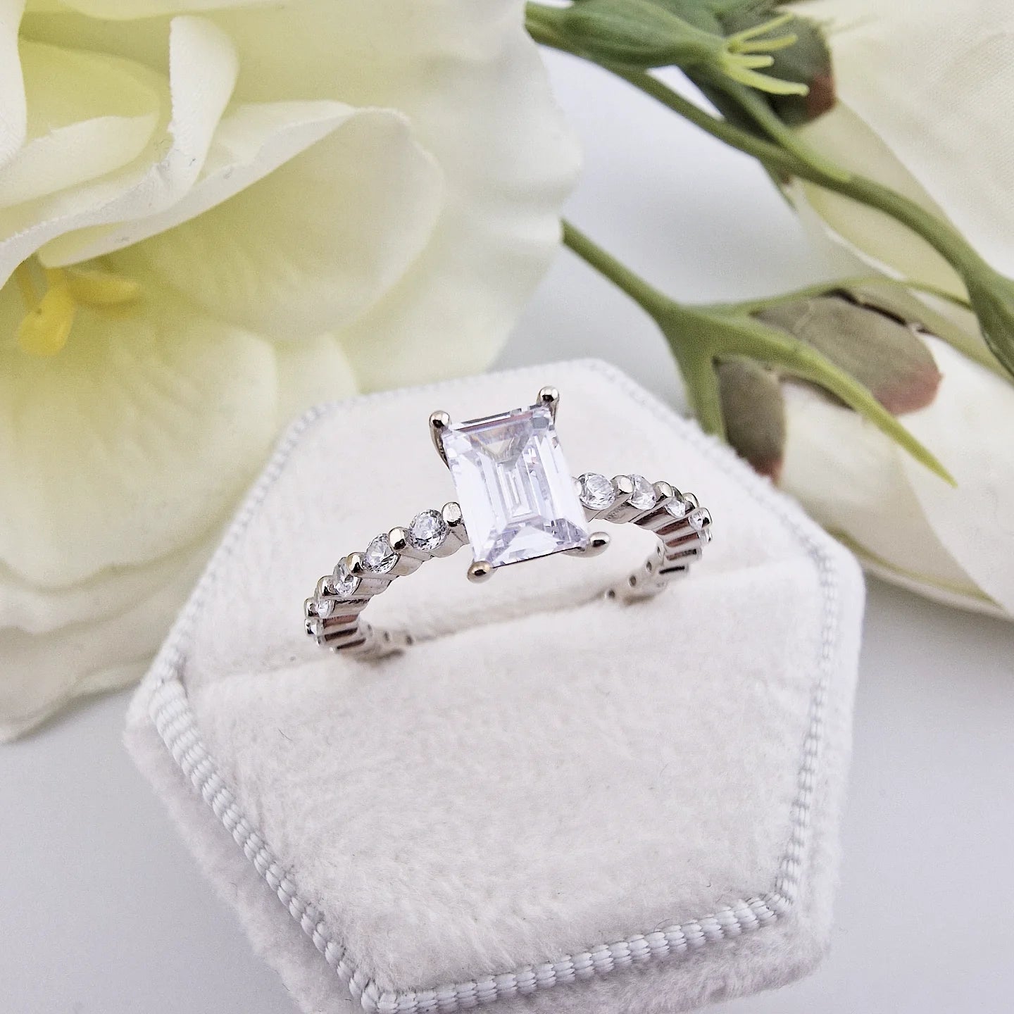 925 Sterling Silver Emerald Cut Cz Centre with Fancy Cz Band Ladies Ring