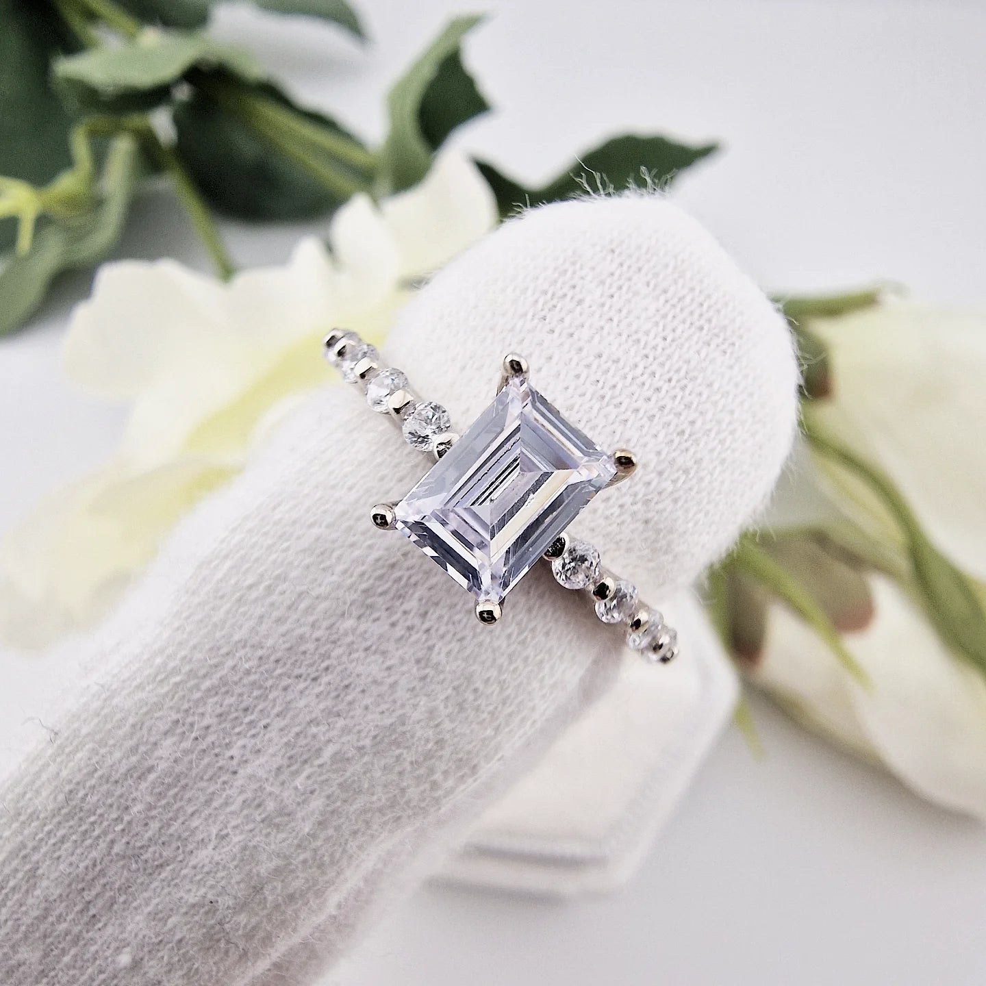 925 Sterling Silver Emerald Cut Cz Centre with Fancy Cz Band Ladies Ring