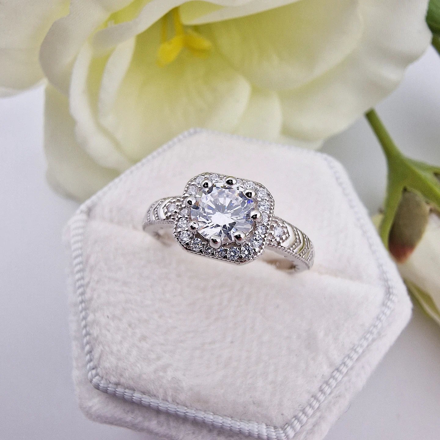925 Sterling Silver Round Cz with Square Halo Ladies Ring