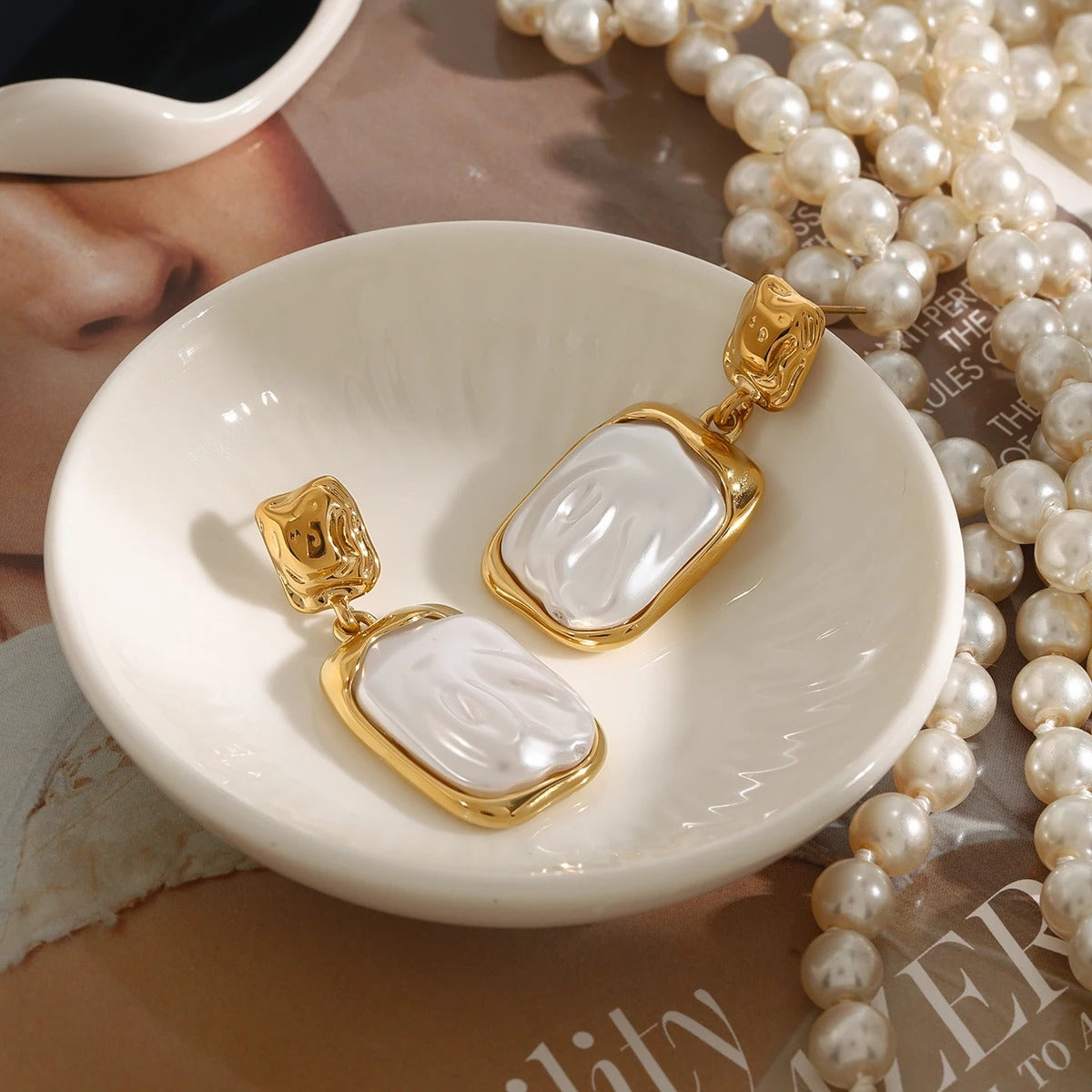 Gold-Tone Stainless Steel – Rectangular Pearl Drop Earrings