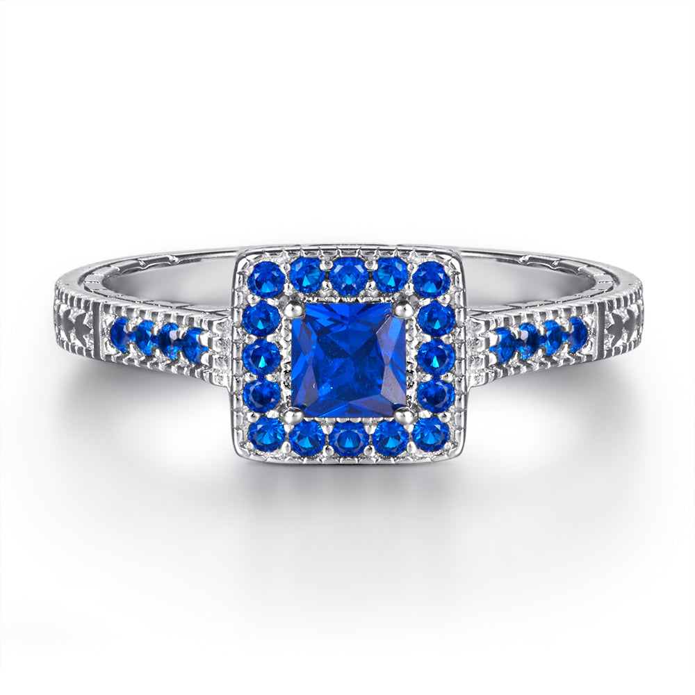 925 Sterling Silver Blue Sapphire Cz Princess Cut Halo Ladies Bridal Ring Set