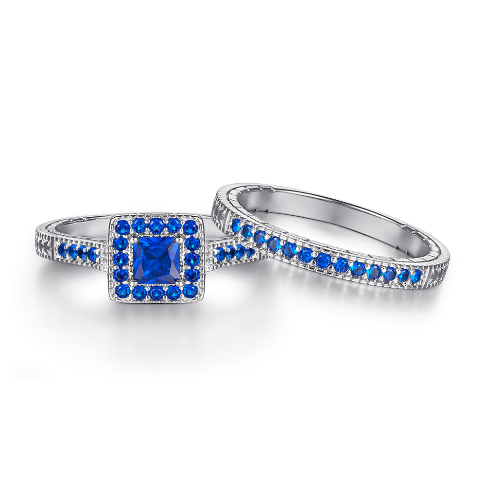 925 Sterling Silver Blue Sapphire Cz Princess Cut Halo Ladies Bridal Ring Set