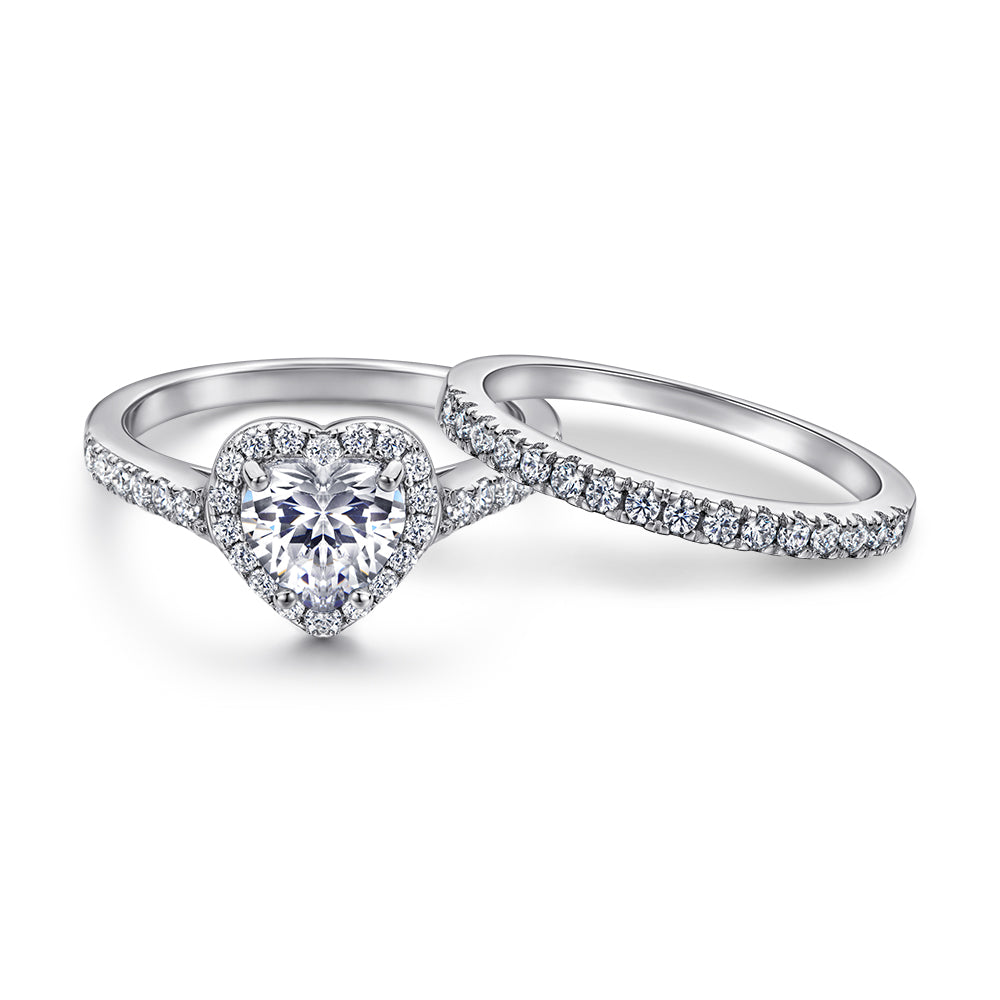 925 Sterling Silver Cz Heart Centre Ladies Ring Set