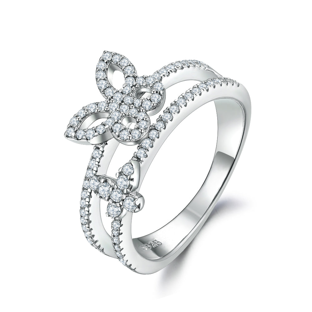 925 Sterling Silver Open Band with Cz Butterflies Ladies Ring