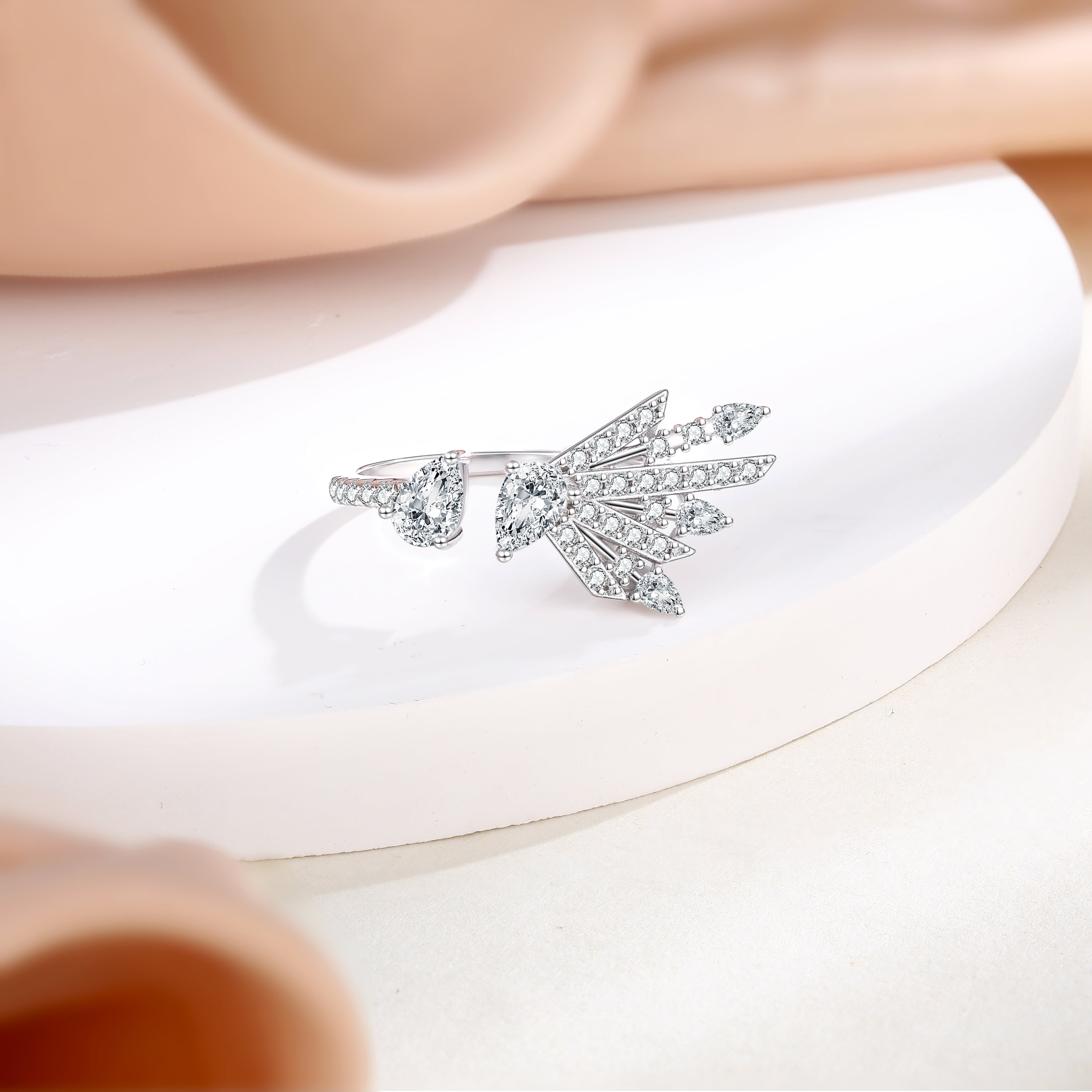 925 Sterling Silver Cz Double Pear Cut Angel Wing Open Ladies Ring