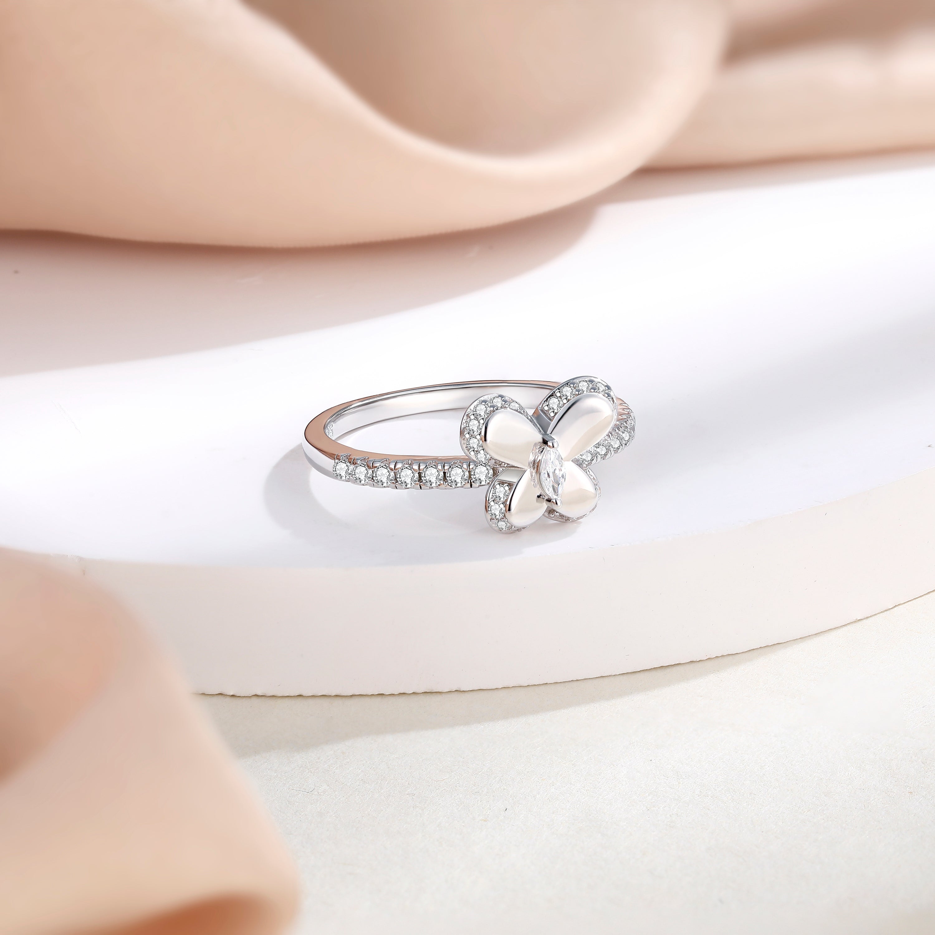 925 Sterling Silver Cz & White Enamel Butterfly Ladies Ring