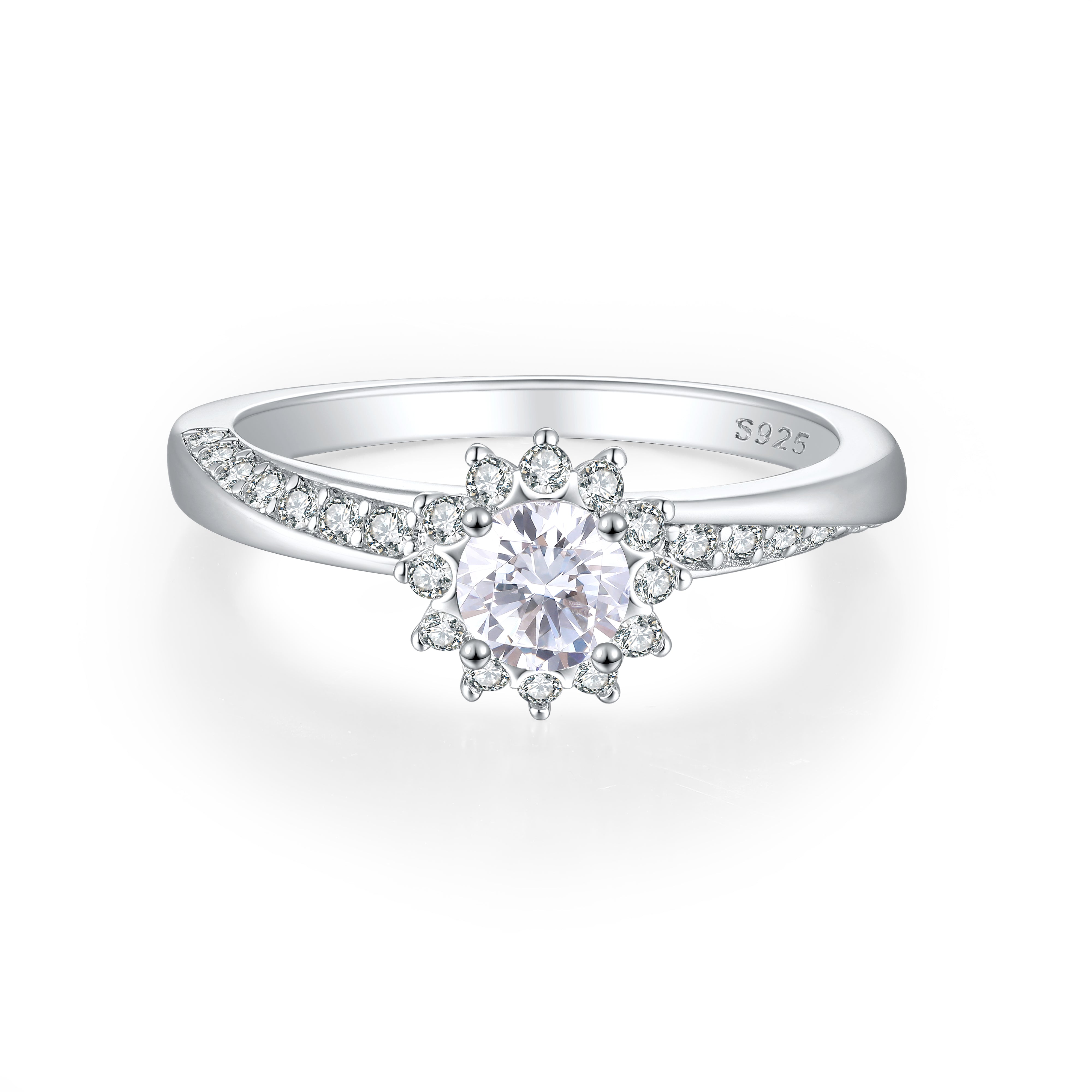 925 Sterling Silver Flower Cluster Cz Ladies Ring with Fancy Band