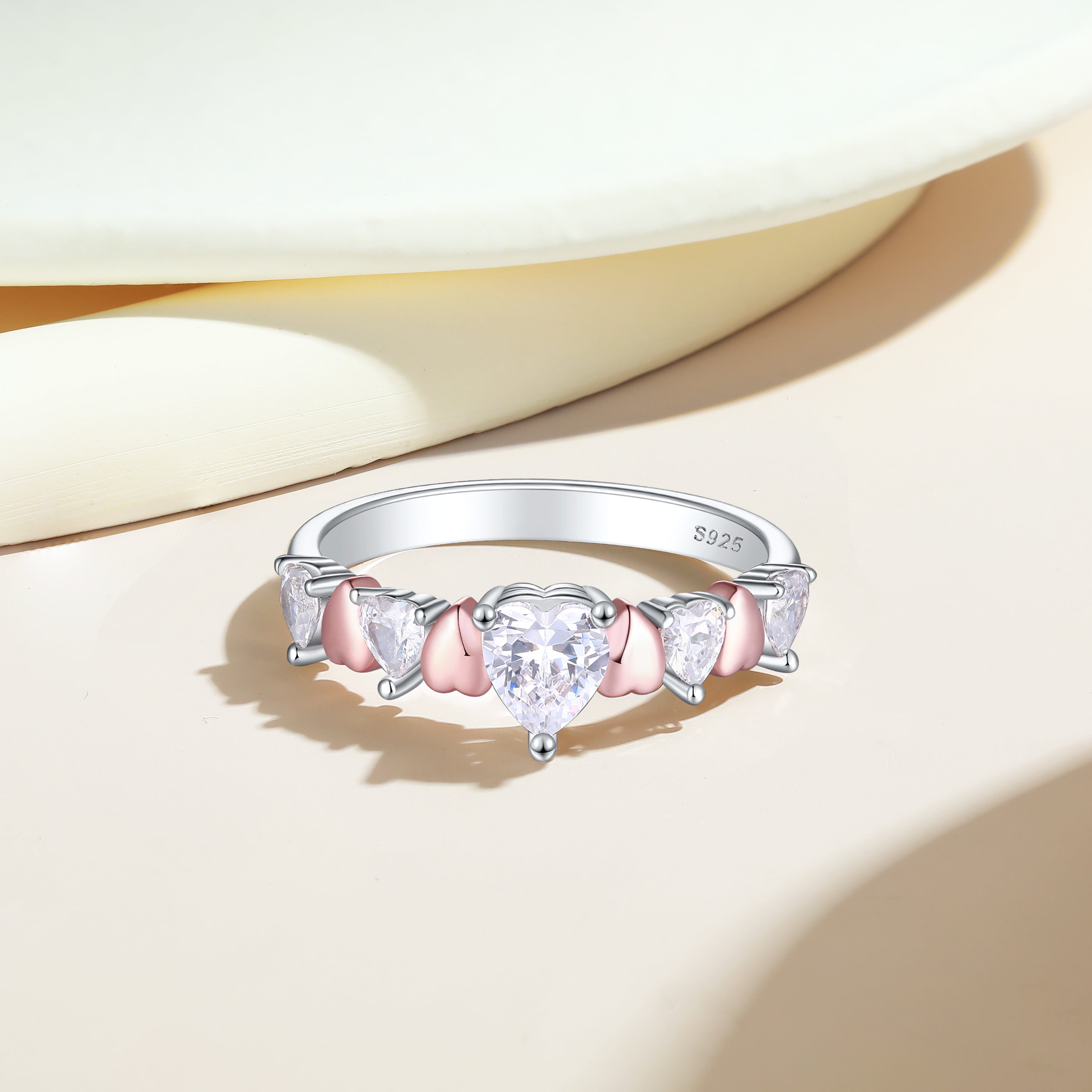 925 Sterling Silver & Rose Plating Heart Cz Ladies Eternity Ring