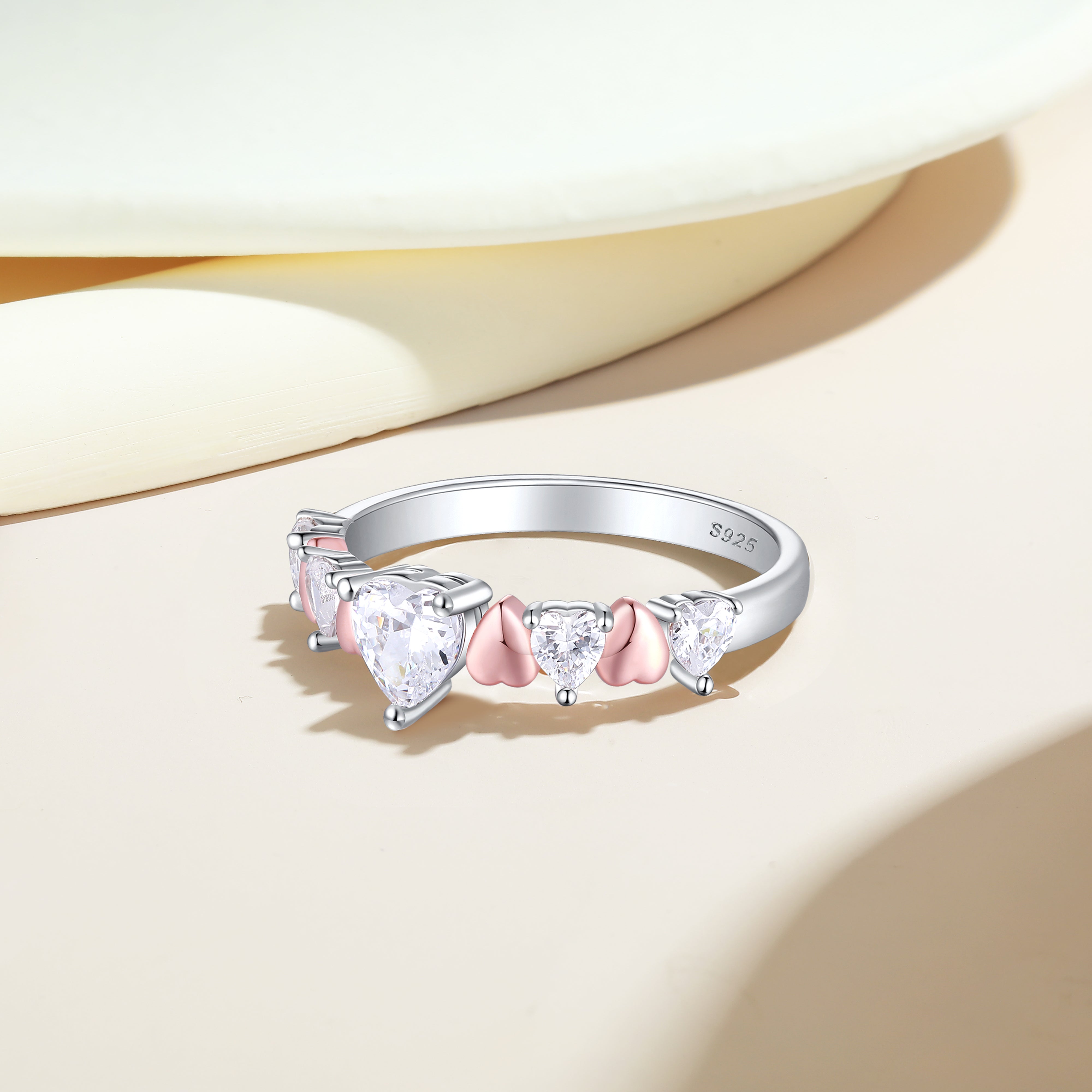 925 Sterling Silver & Rose Plating Heart Cz Ladies Eternity Ring