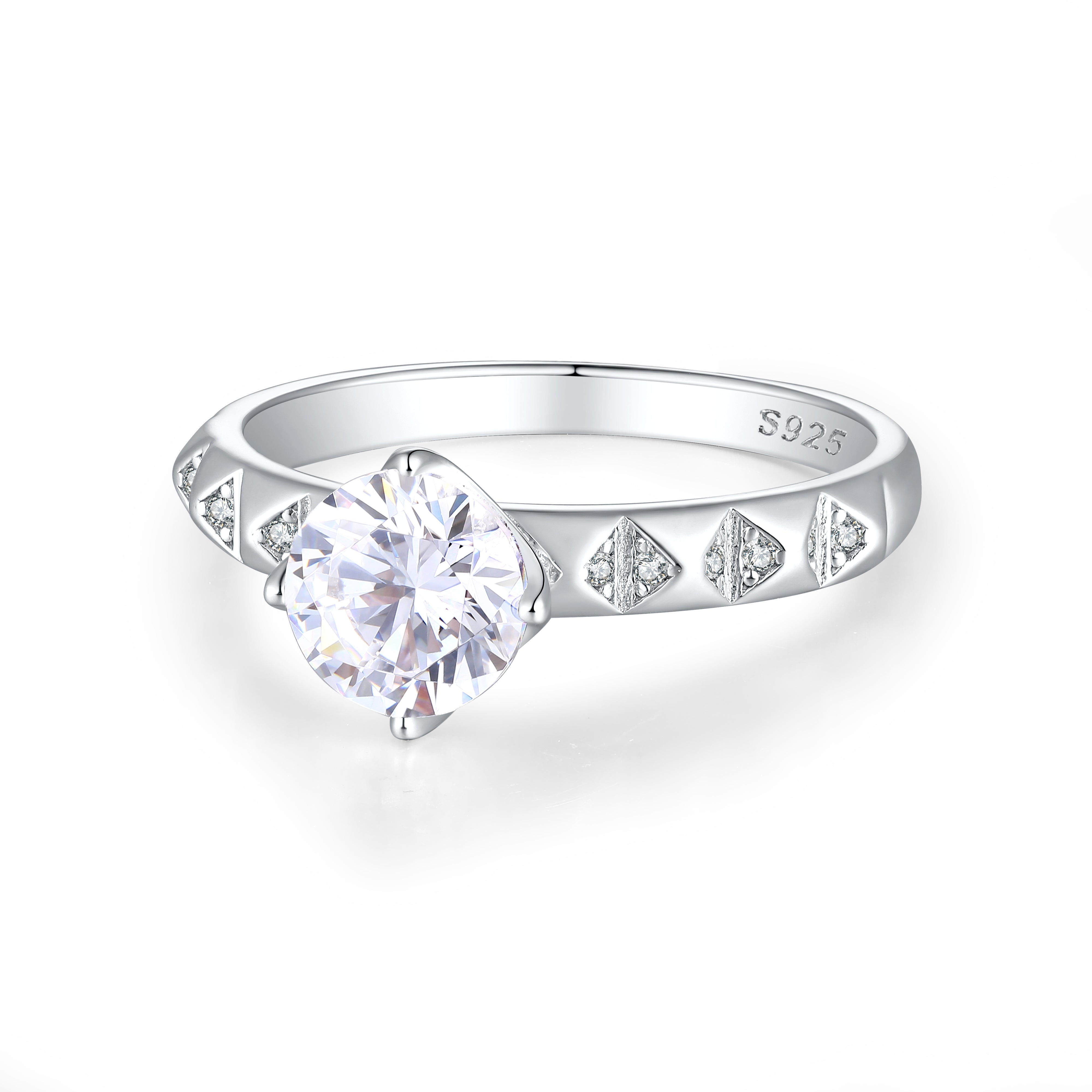 925 Sterling Silver  Cz Solitaire with Fancy Cz Band Ladies Ring