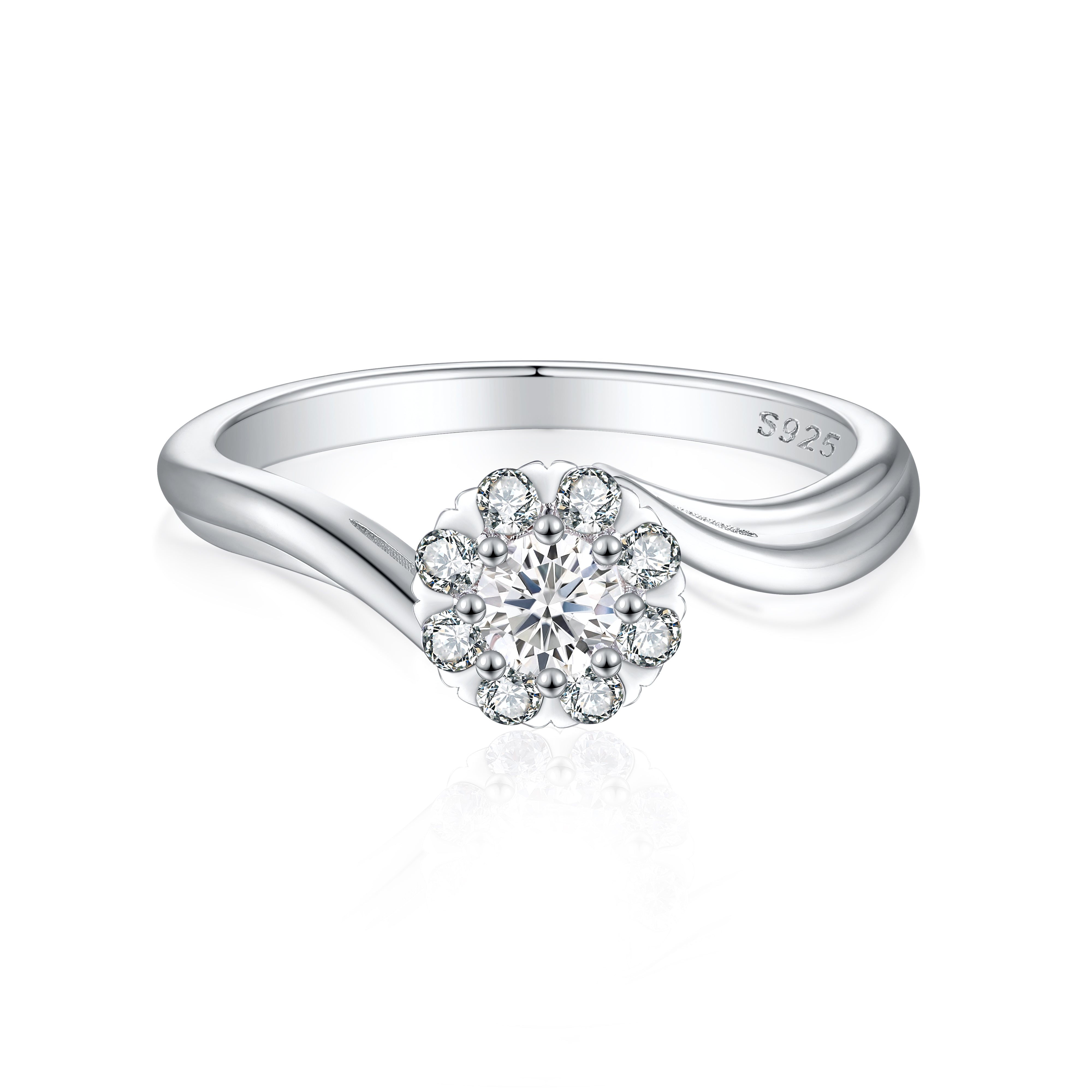 925 Sterling Silver Cz Cluster Ladies Ring with Twisted Band