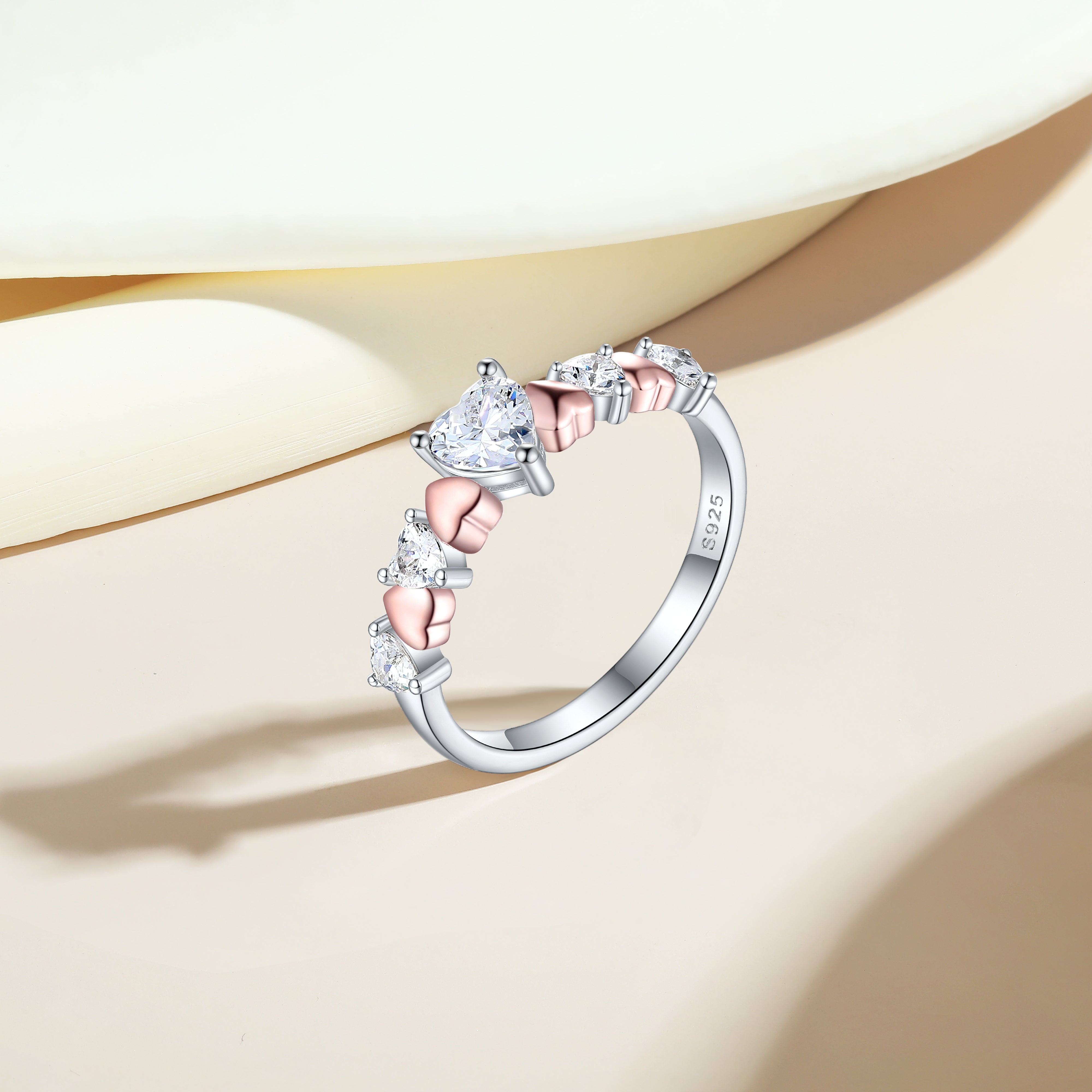 925 Sterling Silver & Rose Plating Heart Cz Ladies Eternity Ring
