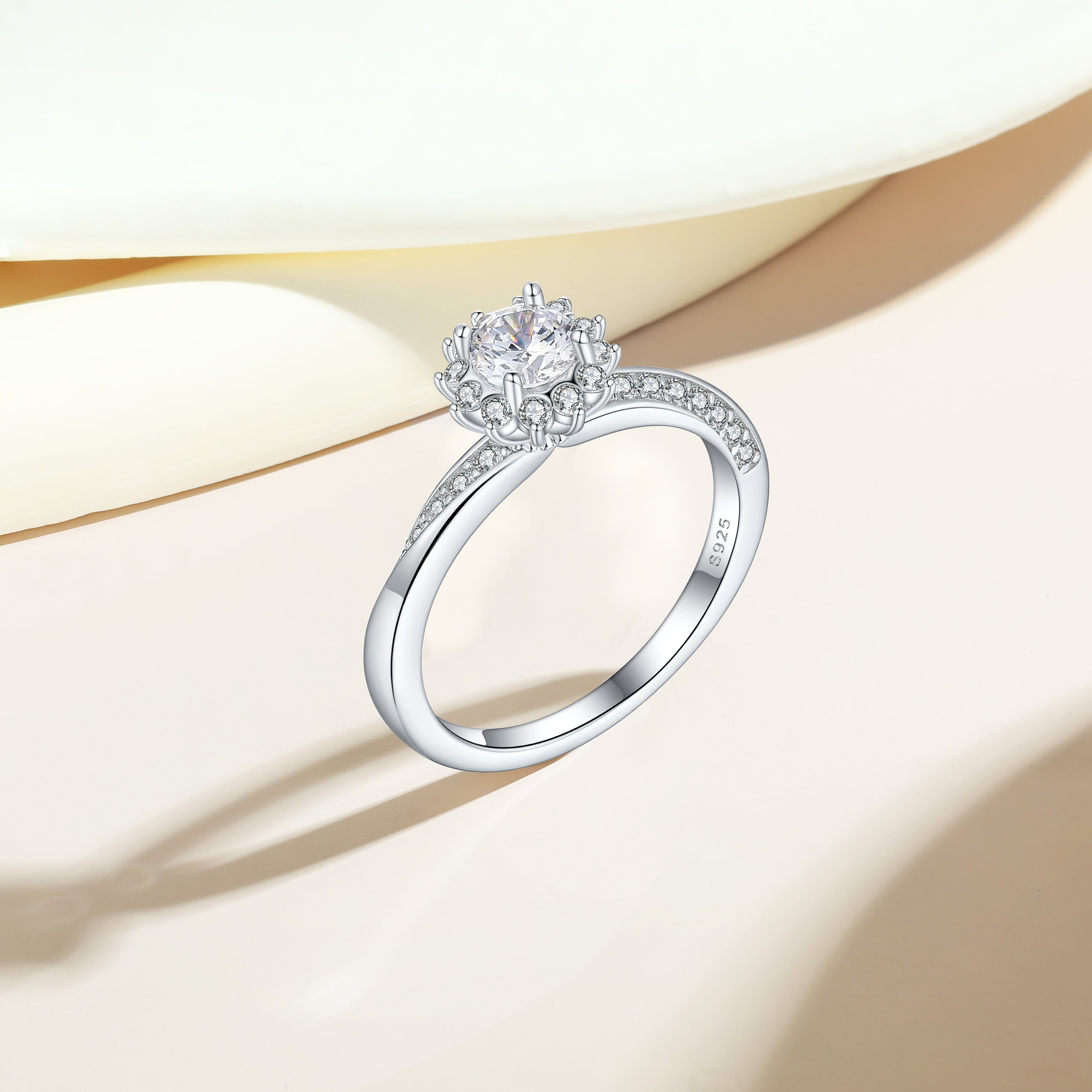 925 Sterling Silver Flower Cluster Cz Ladies Ring with Fancy Band