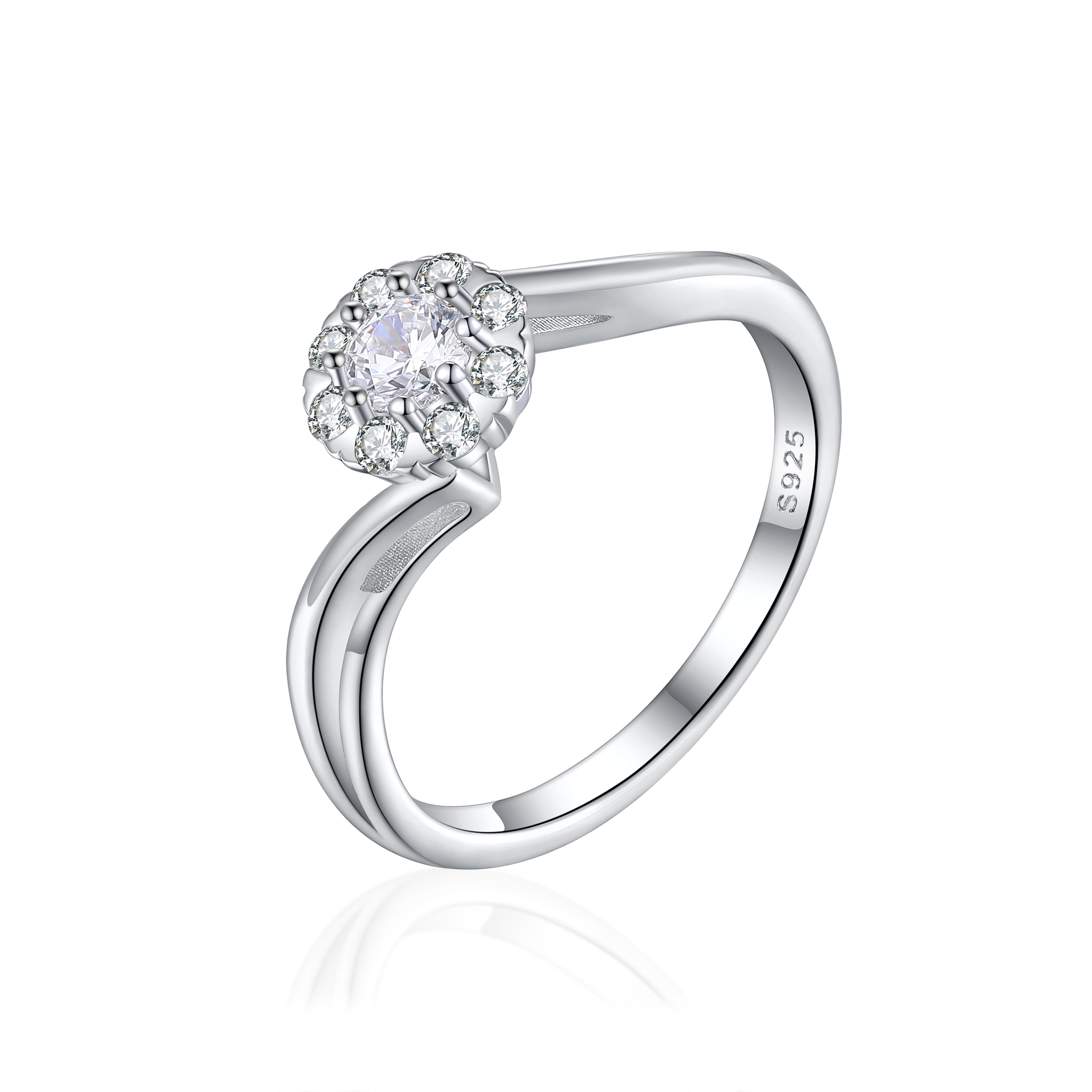 925 Sterling Silver Cz Cluster Ladies Ring with Twisted Band