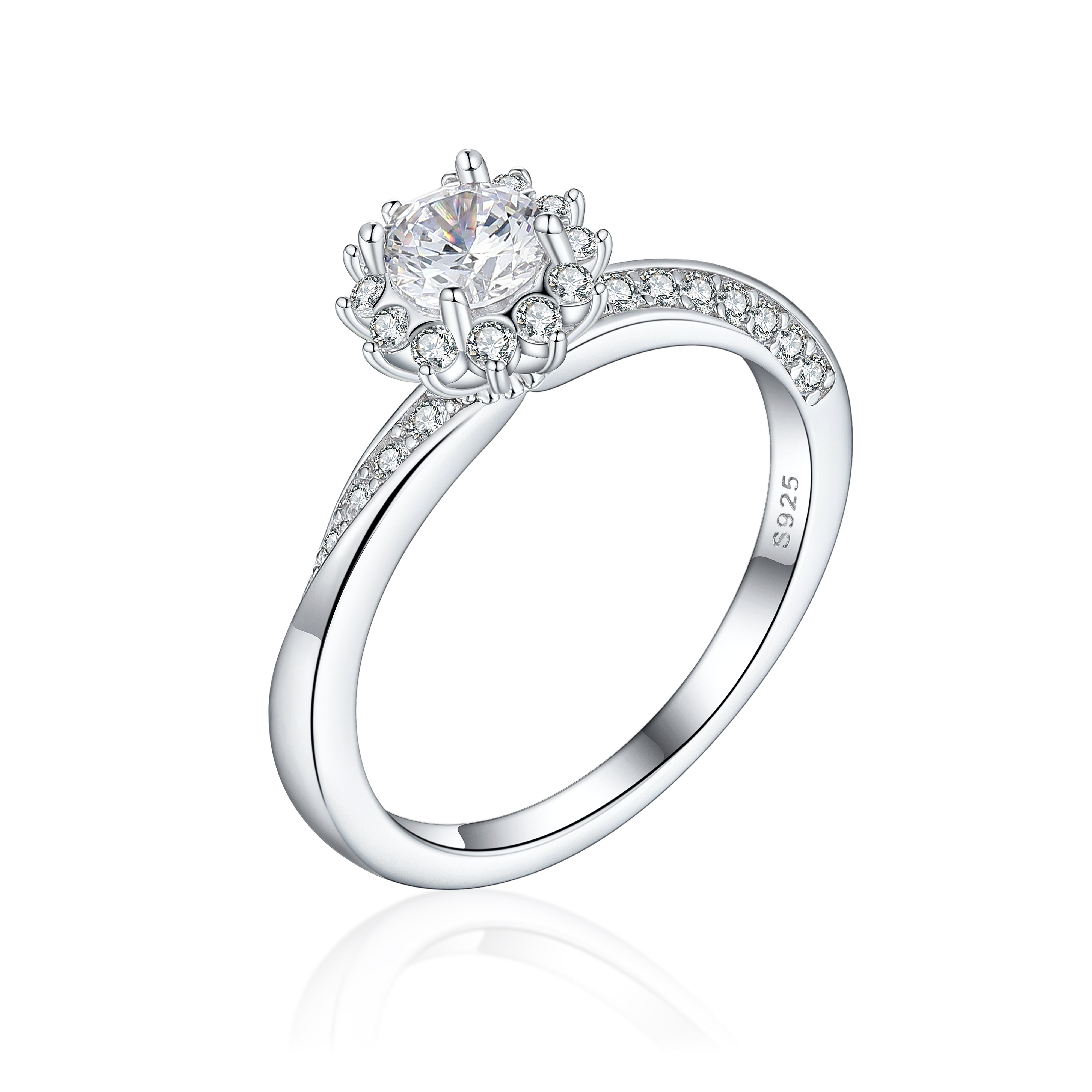 925 Sterling Silver Flower Cluster Cz Ladies Ring with Fancy Band