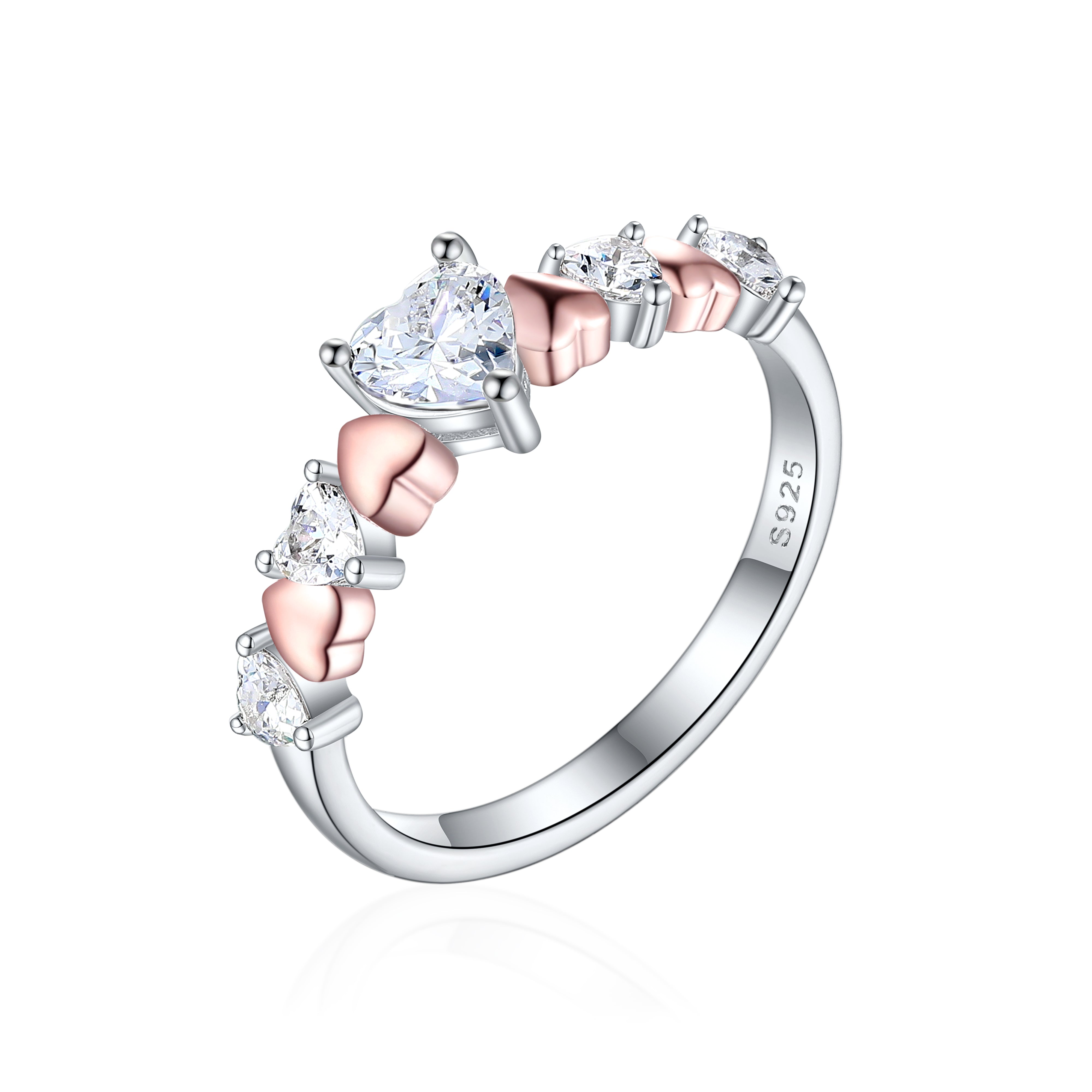 925 Sterling Silver & Rose Plating Heart Cz Ladies Eternity Ring