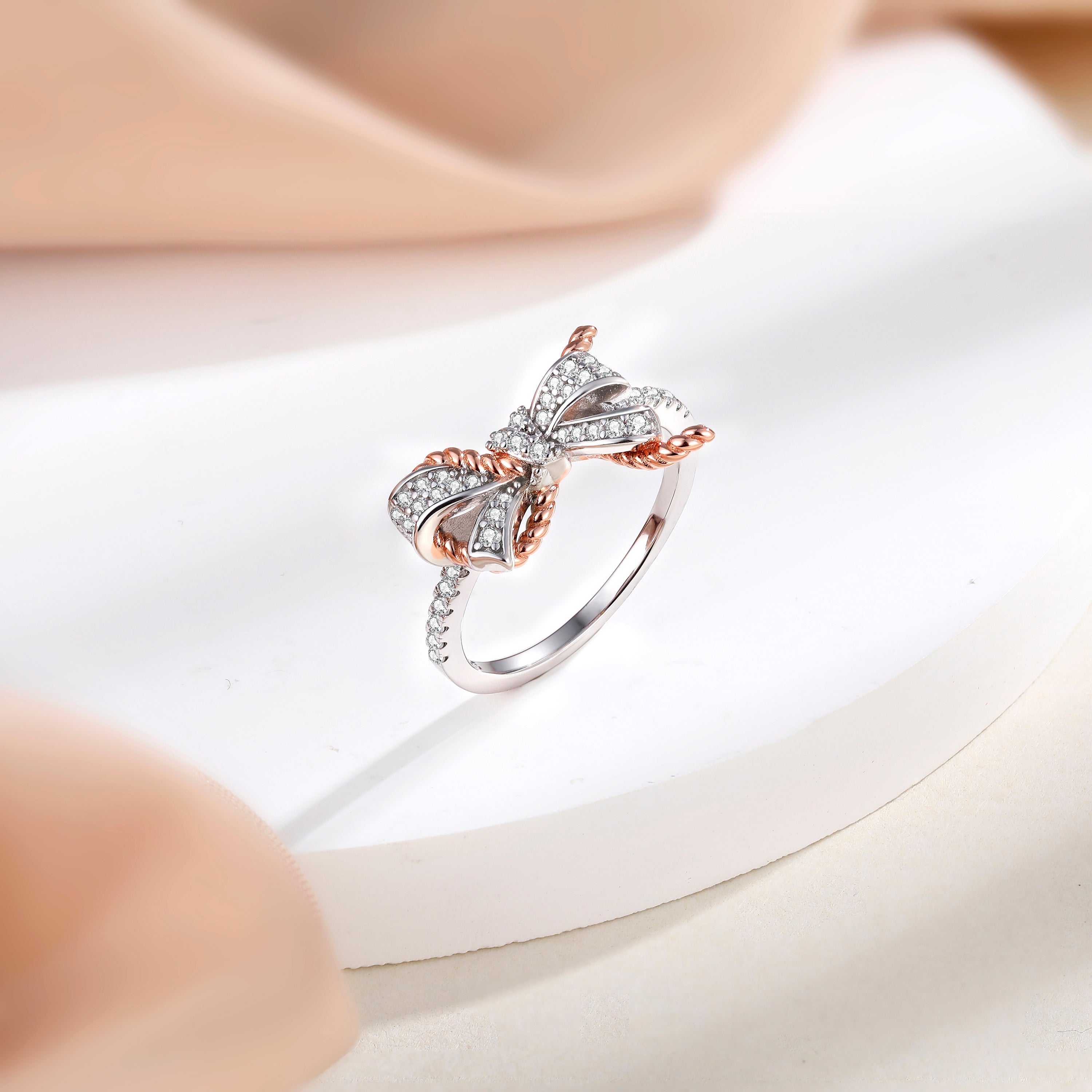 925 Sterling Silver with Rose Gold Cz Bow Design ladies Ring