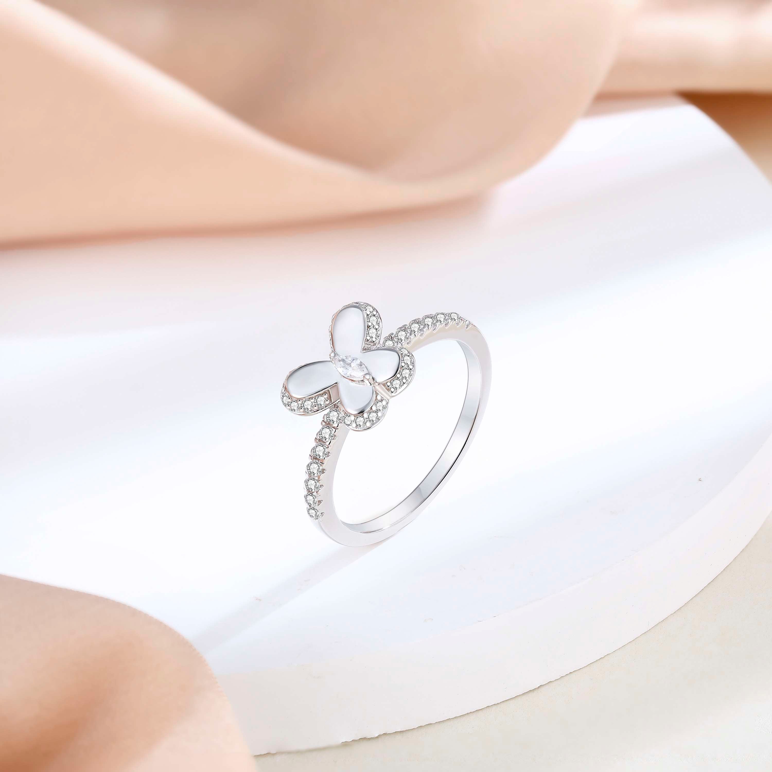 925 Sterling Silver Cz & White Enamel Butterfly Ladies Ring